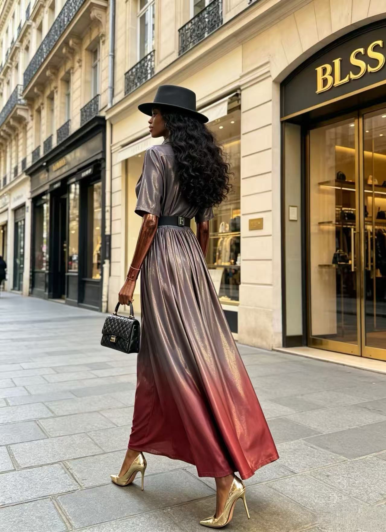 Modern Ombre Metallic Shimmer Shirt Dress - Elegant Utility Lapel Button-Down Maxi Gown D63195