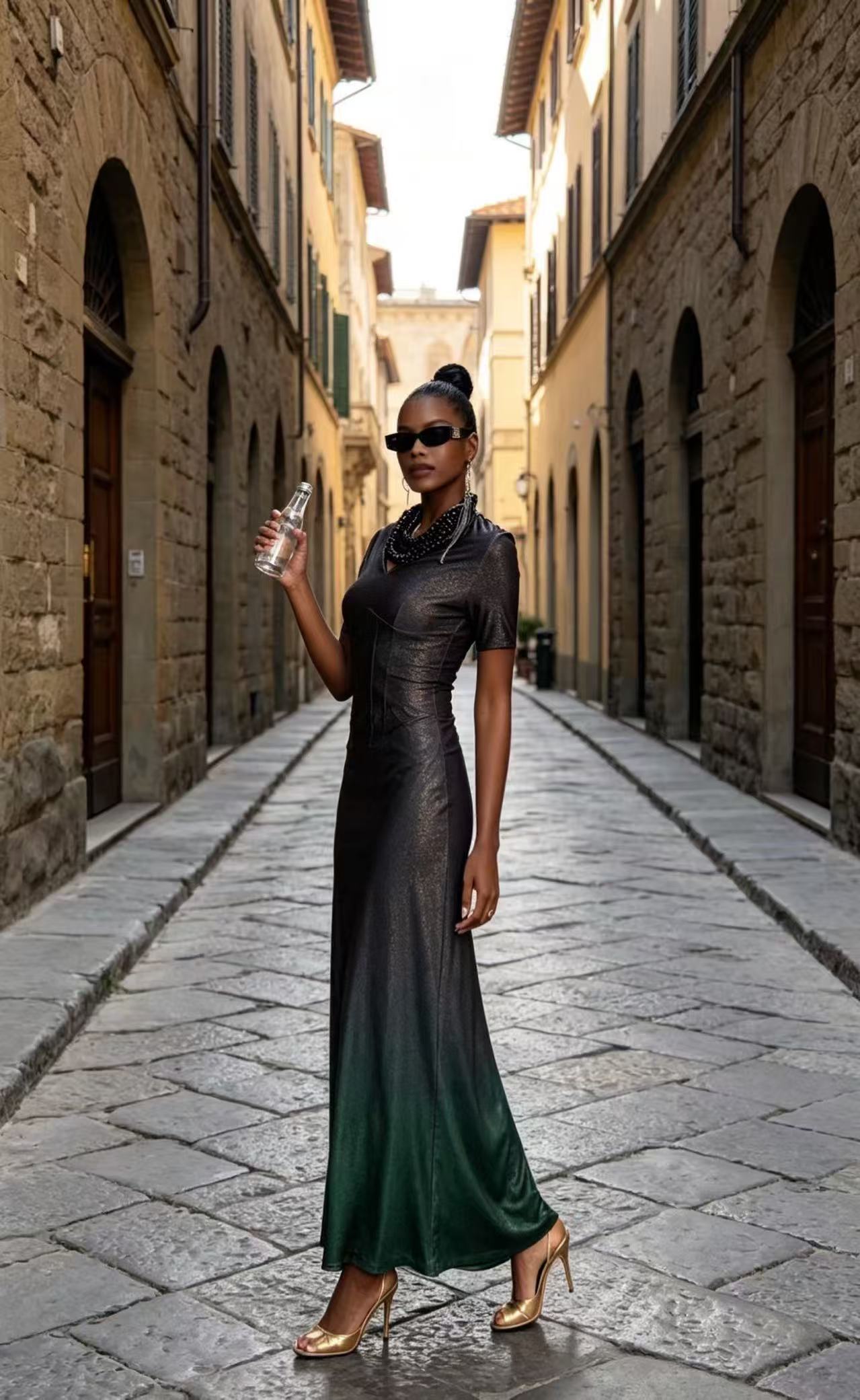 Luxury Metallic Ombre Gradient Maxi Dress - Vintage Black-Gold to Emerald Green Evening Gown