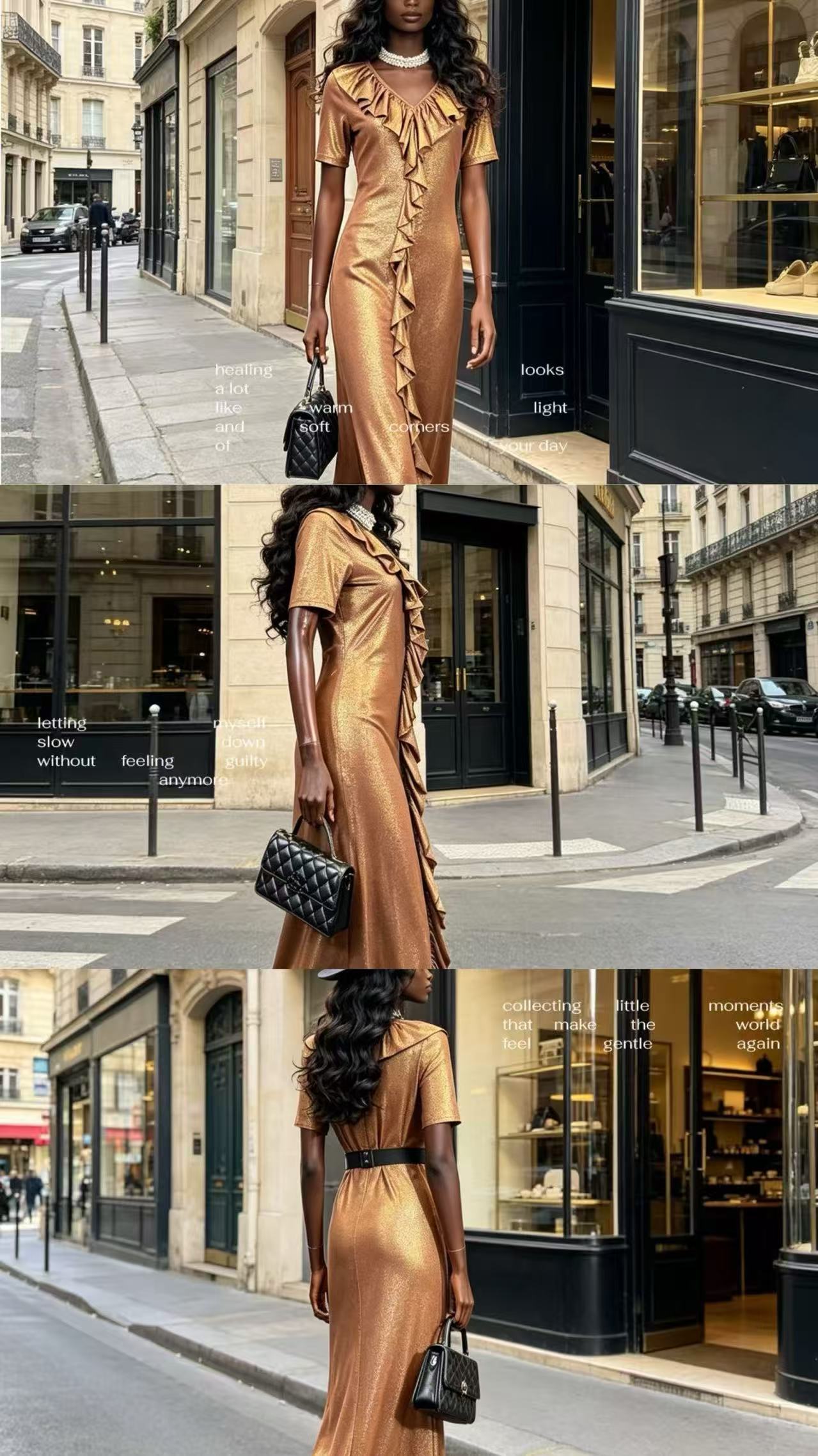Luxury Rose Gold Metallic Shimmer V-Neck Dress - Elegant Ruffle-Trimmed Slit Evening Maxi Gown D63140