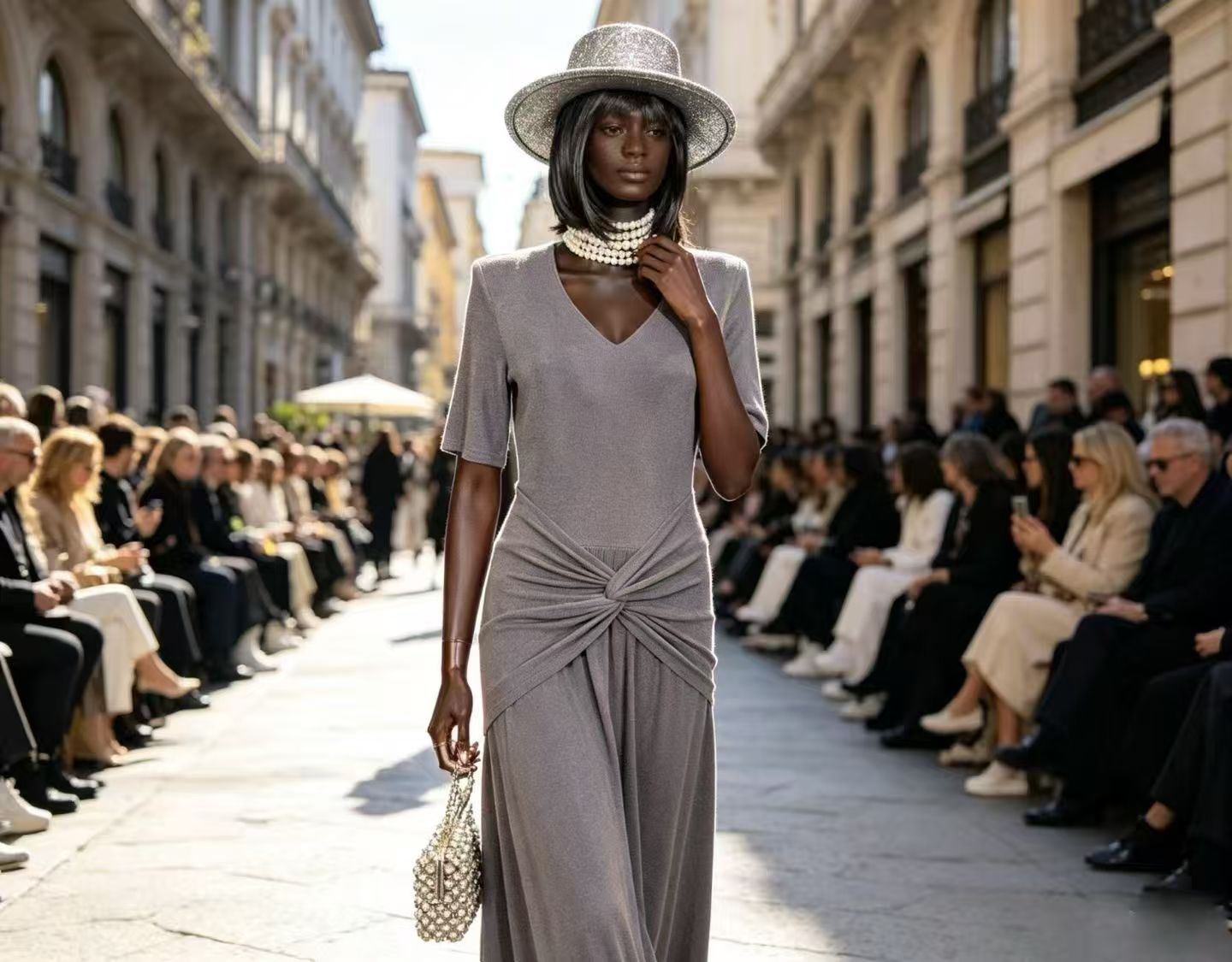 Luxury Slate Grey V-Neck Maxi Dress - Elegant Knot-Front Ruched Waist Runway Evening Gown D63289