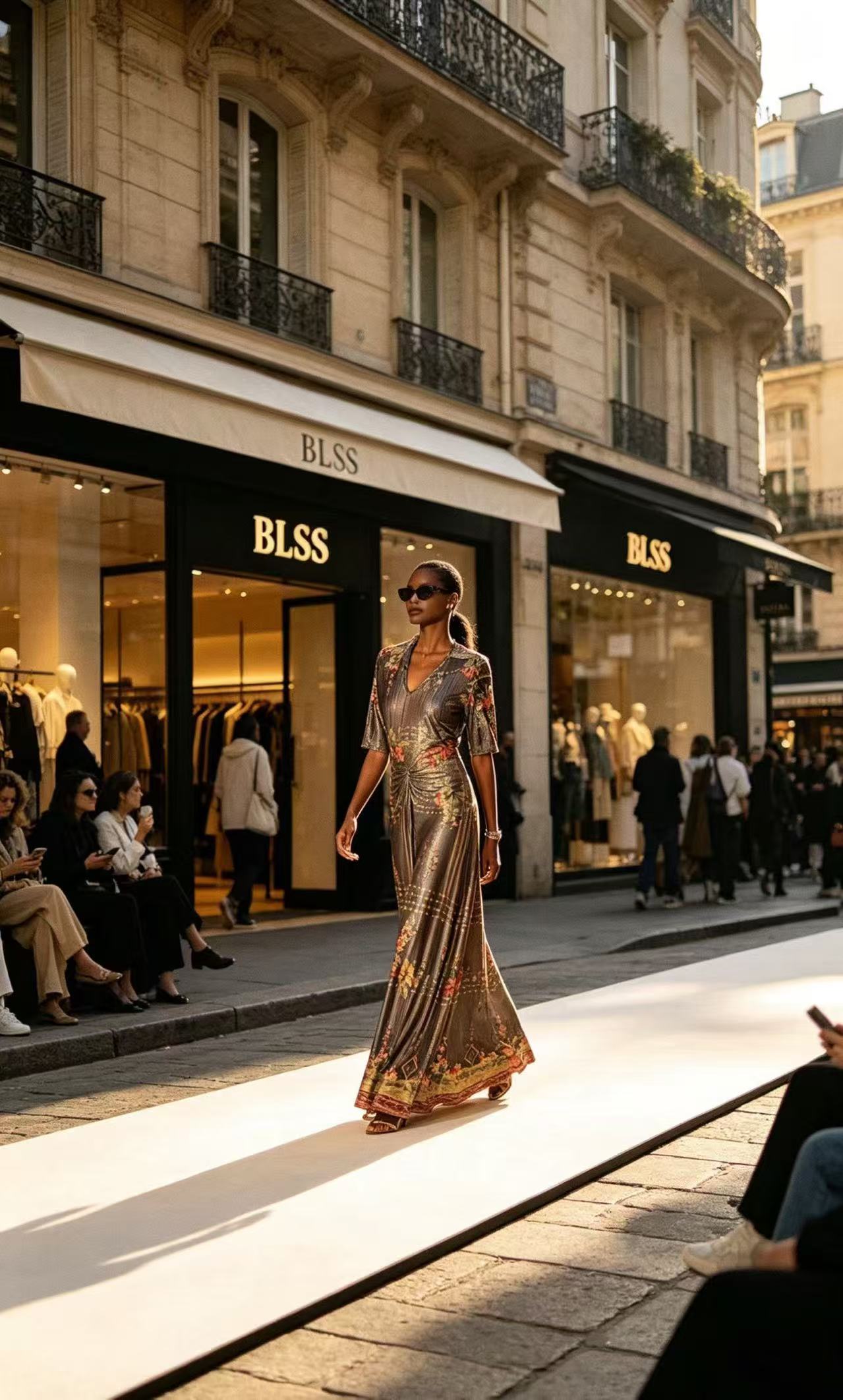 BLSS Luxury Bronze Gold Shimmer Maxi Dress - Vintage Oil-Painting Rose Print V-Neck Ruched Evening Gown D63284