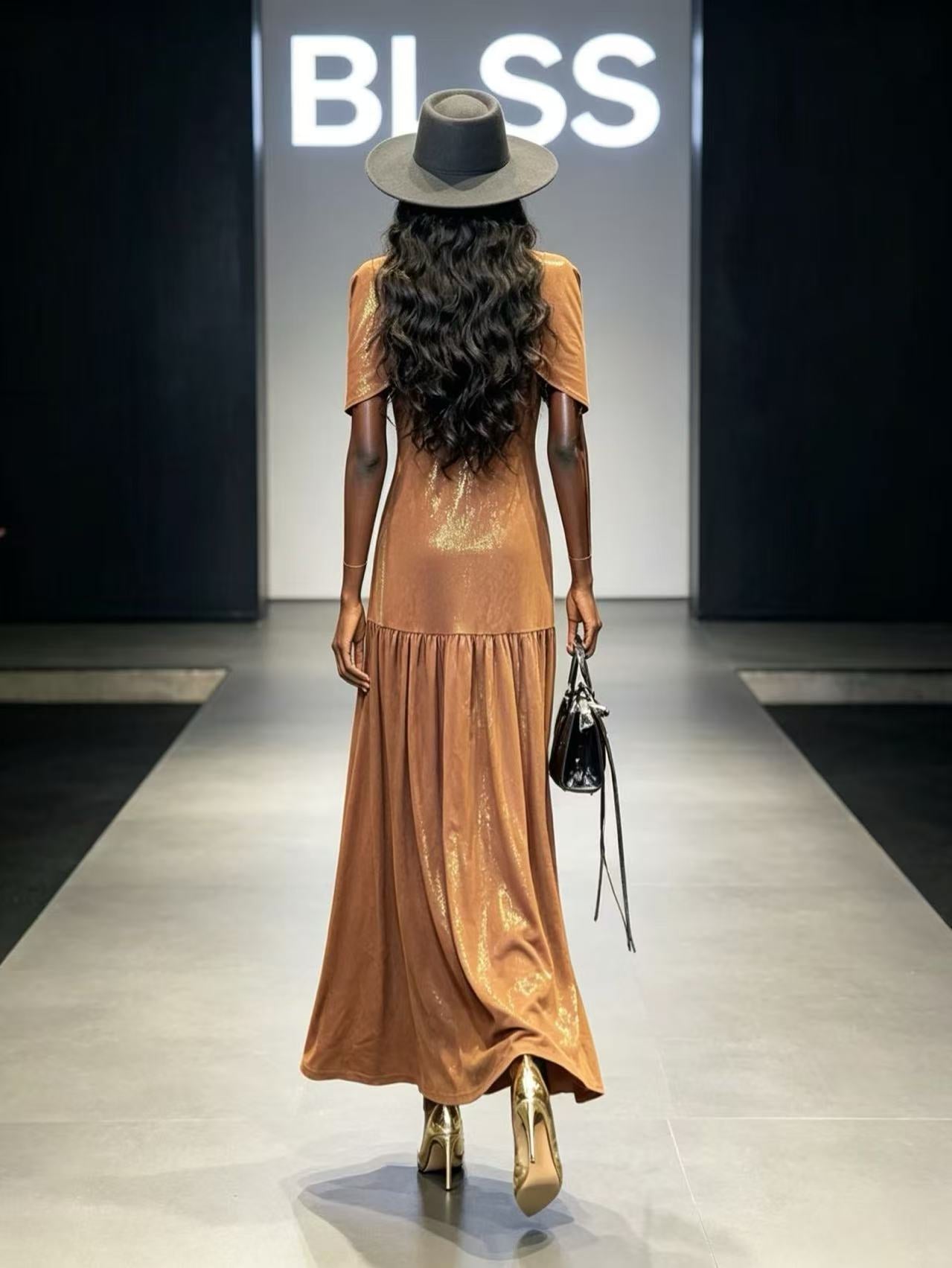 BLSS Luxury Caramel Shimmer Maxi Dress - Western-Chic Fringe Patchwork Dropped-Waist Runway Gown D63332