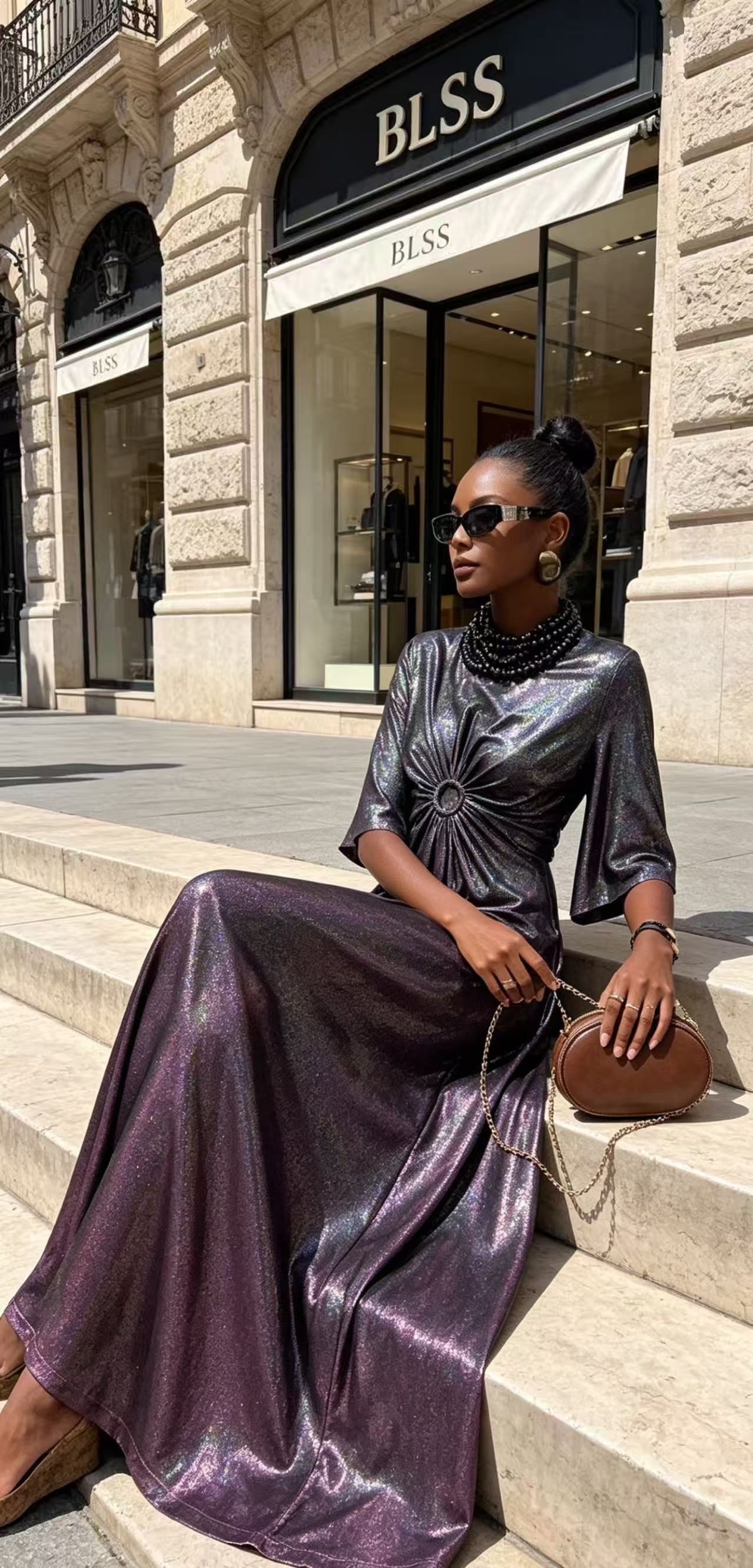 BLSS Luxury Metallic Purple Shimmer Maxi Dress - Elegant O-Ring Ruched Waist Runway Evening Gown D6385
