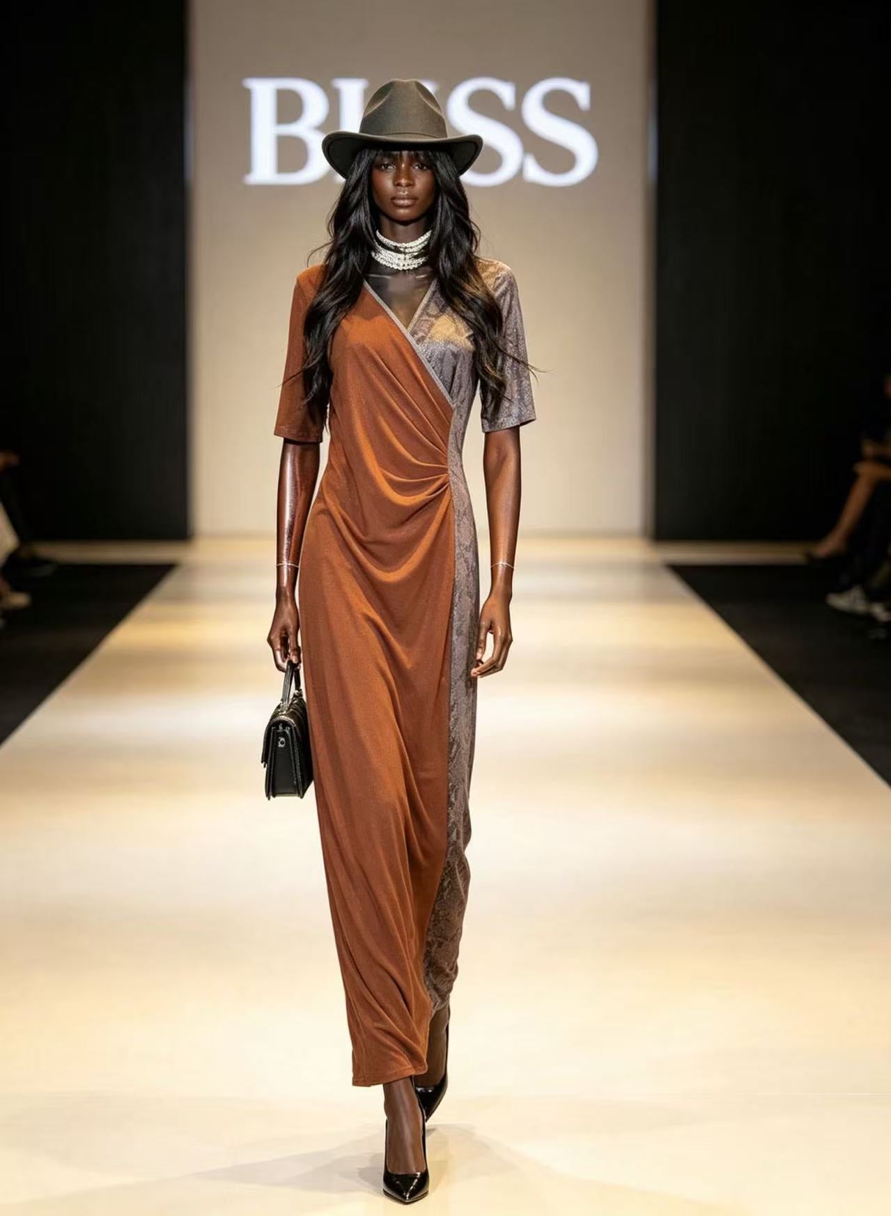 BLSS Luxury Caramel Two-Tone Patchwork Maxi Dress - V-Neck Side-Ruched Runway Evening Gown D63101