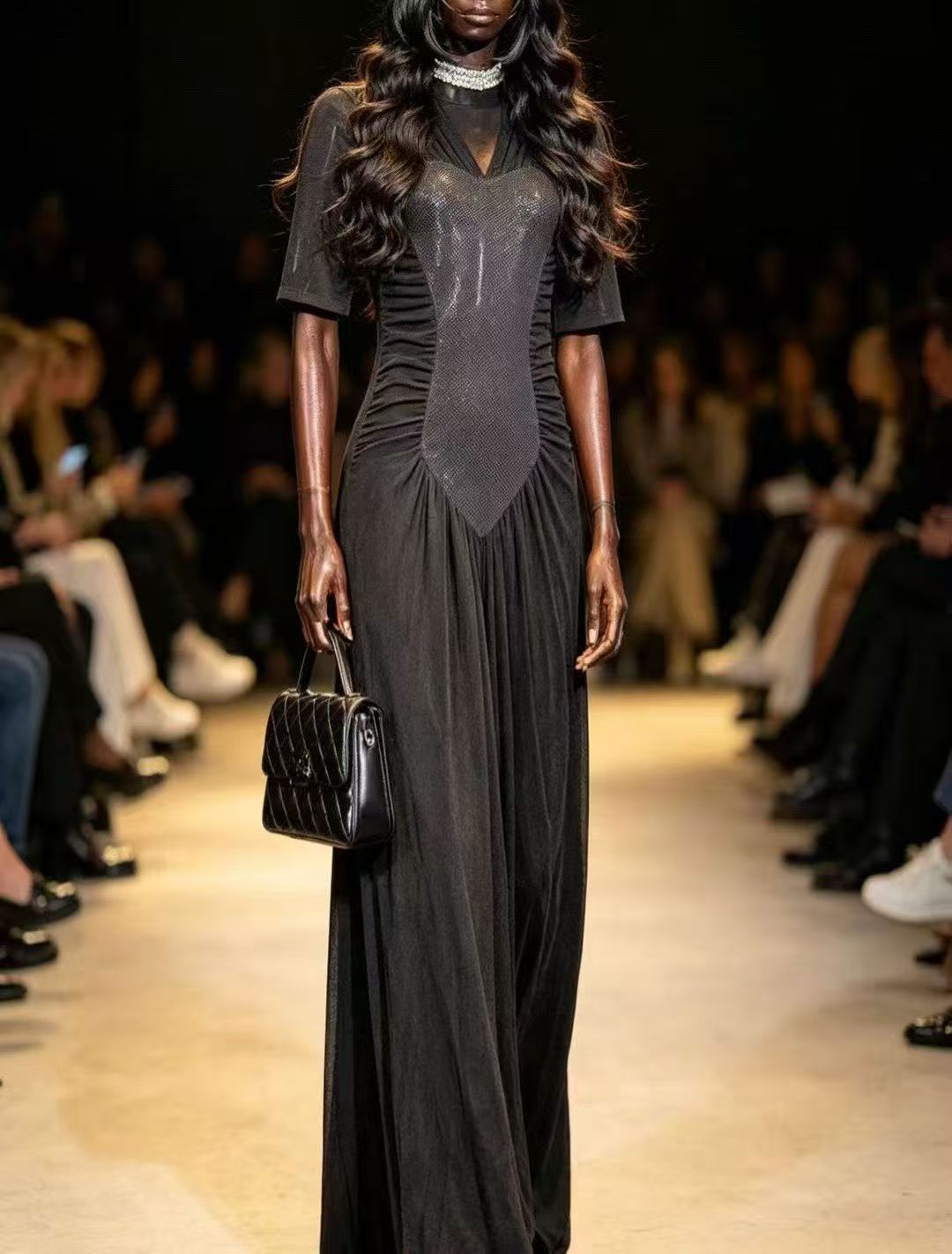 BLSS Avant-Garde Heart Metallic Patchwork Maxi Dress - V-Neck Side-Ruched Runway Evening Gown D63287
