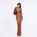 Gilded Goddess: Terracotta Metallic Long Sleeve Maxi Dress with Gold Embroidery