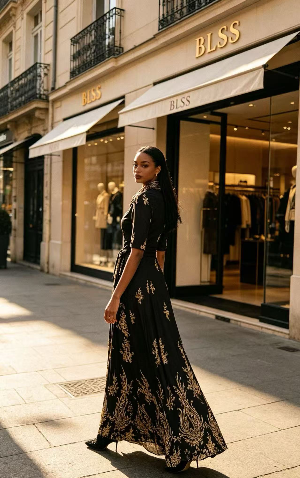 Luxury Black & Gold Baroque Floral Maxi Dress - Elegant Wrap-Front Tie Evening Gown D63249