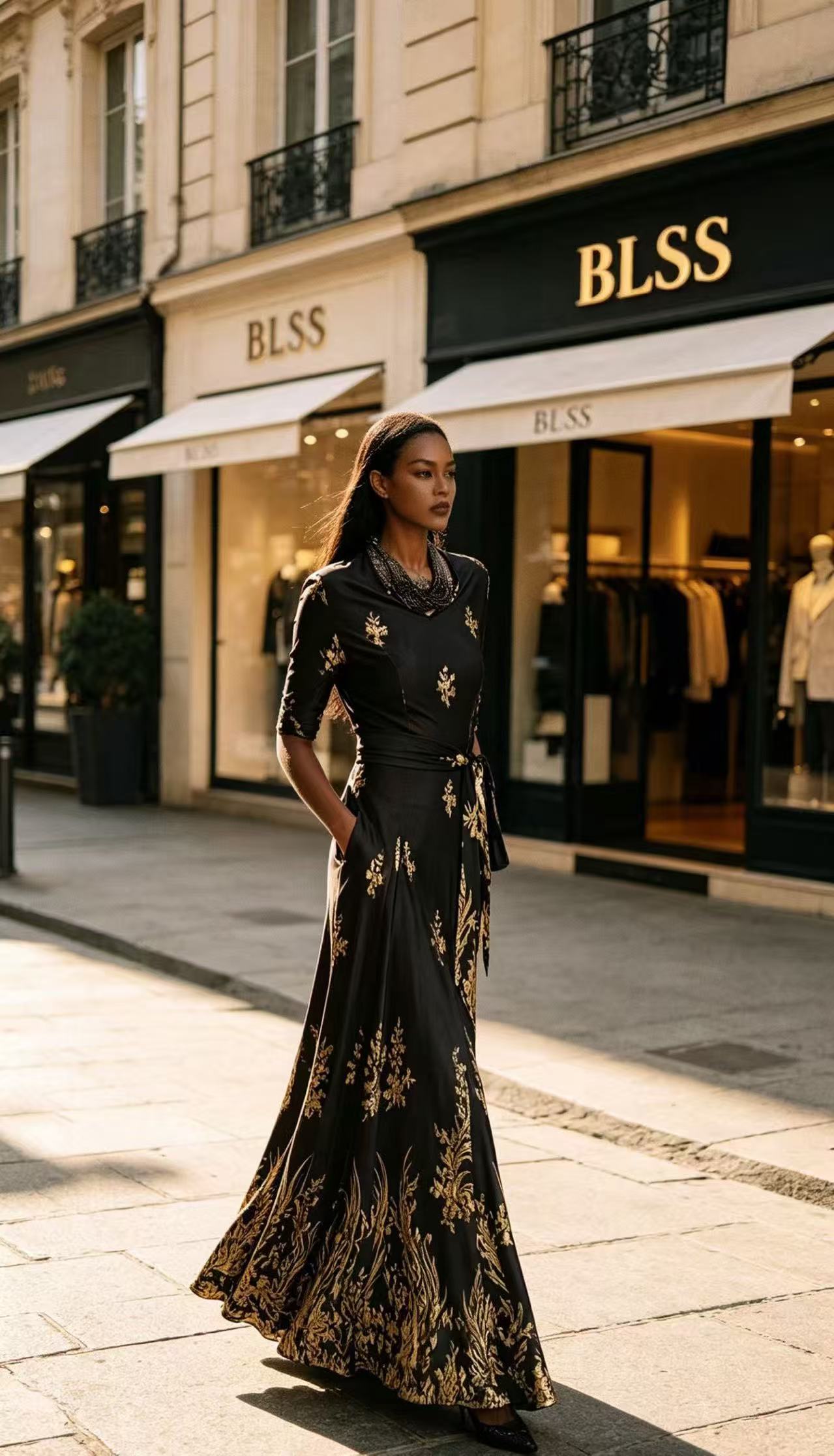 Luxury Black & Gold Baroque Floral Maxi Dress - Elegant Wrap-Front Tie Evening Gown D63249