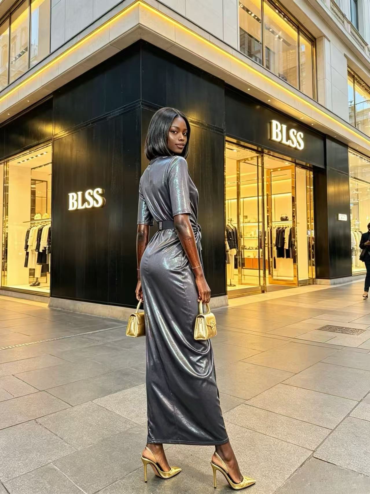Futuristic Liquid Silver Metallic V-Neck Maxi Dress - Elegant Wrap-Style Ruched Tie Evening Gown D6336