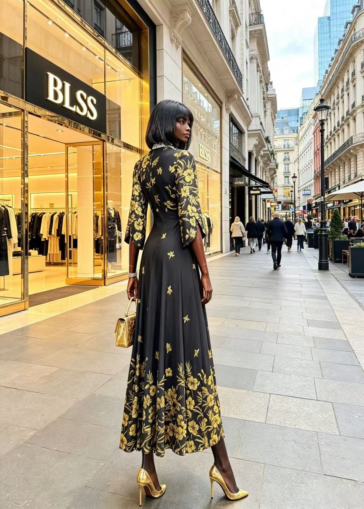 Vintage French Black & Gold Floral Maxi Dress - Elegant V-Neck Slit-Sleeve Evening Gown D63236