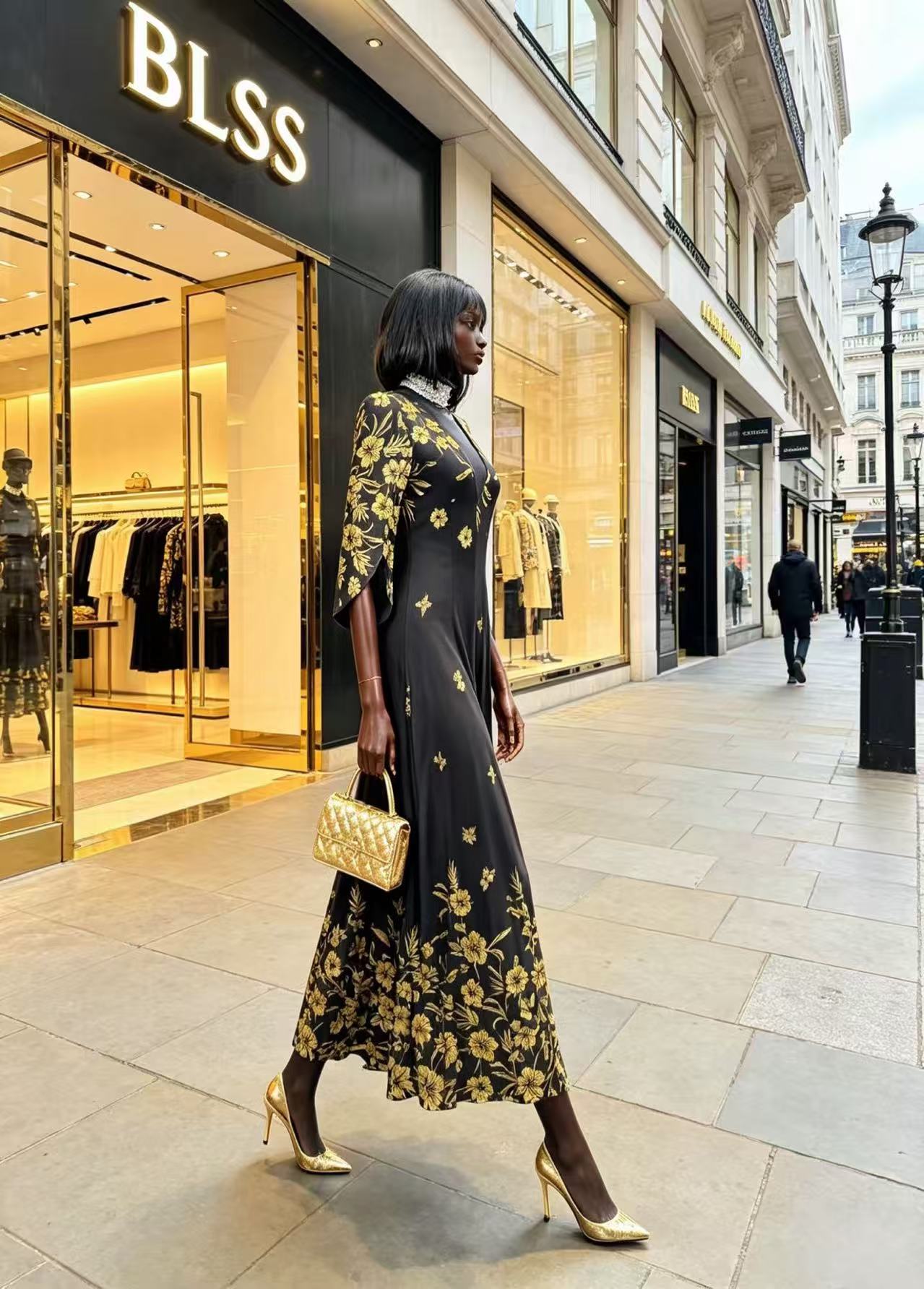 Vintage French Black & Gold Floral Maxi Dress - Elegant V-Neck Slit-Sleeve Evening Gown D63236