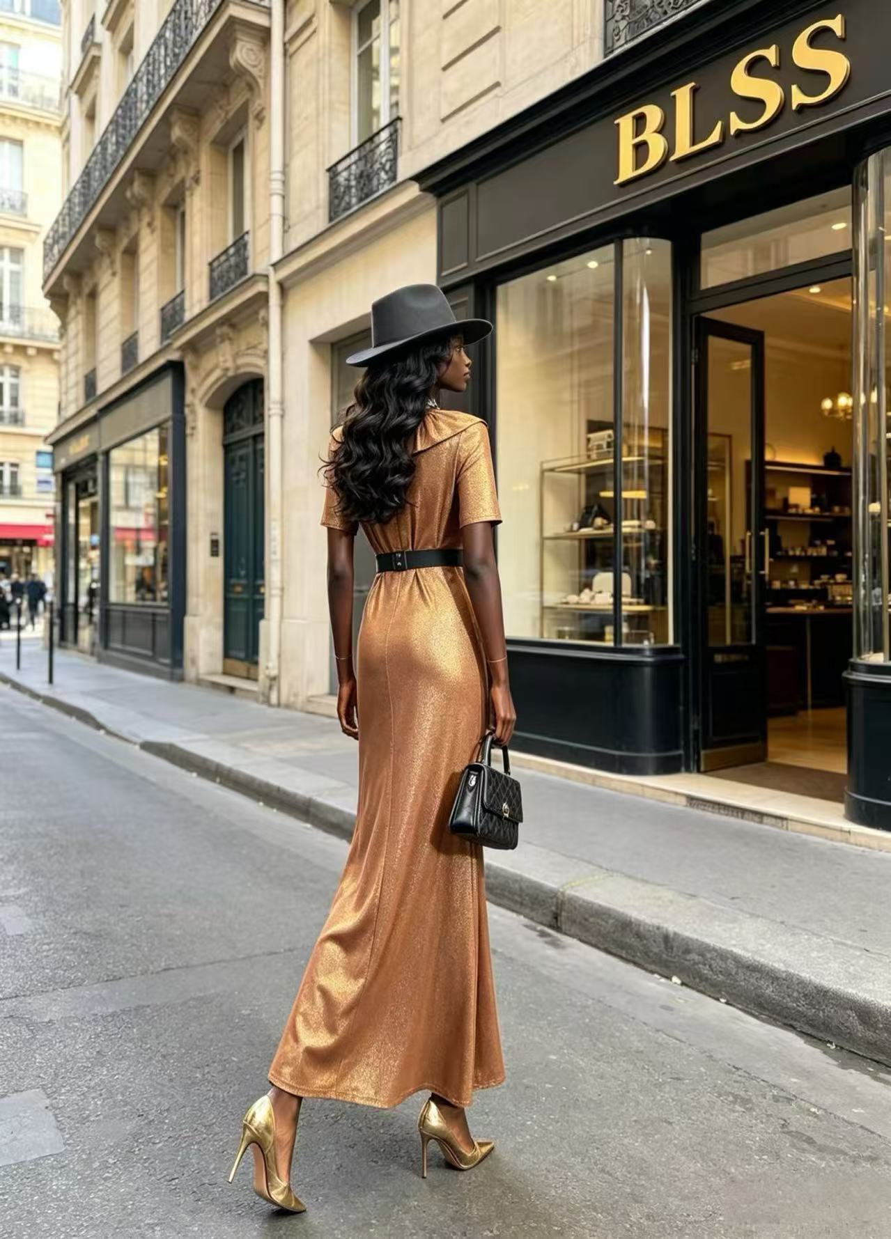 Luxury Rose Gold Metallic Shimmer V-Neck Dress - Elegant Ruffle-Trimmed Slit Evening Maxi Gown D63140
