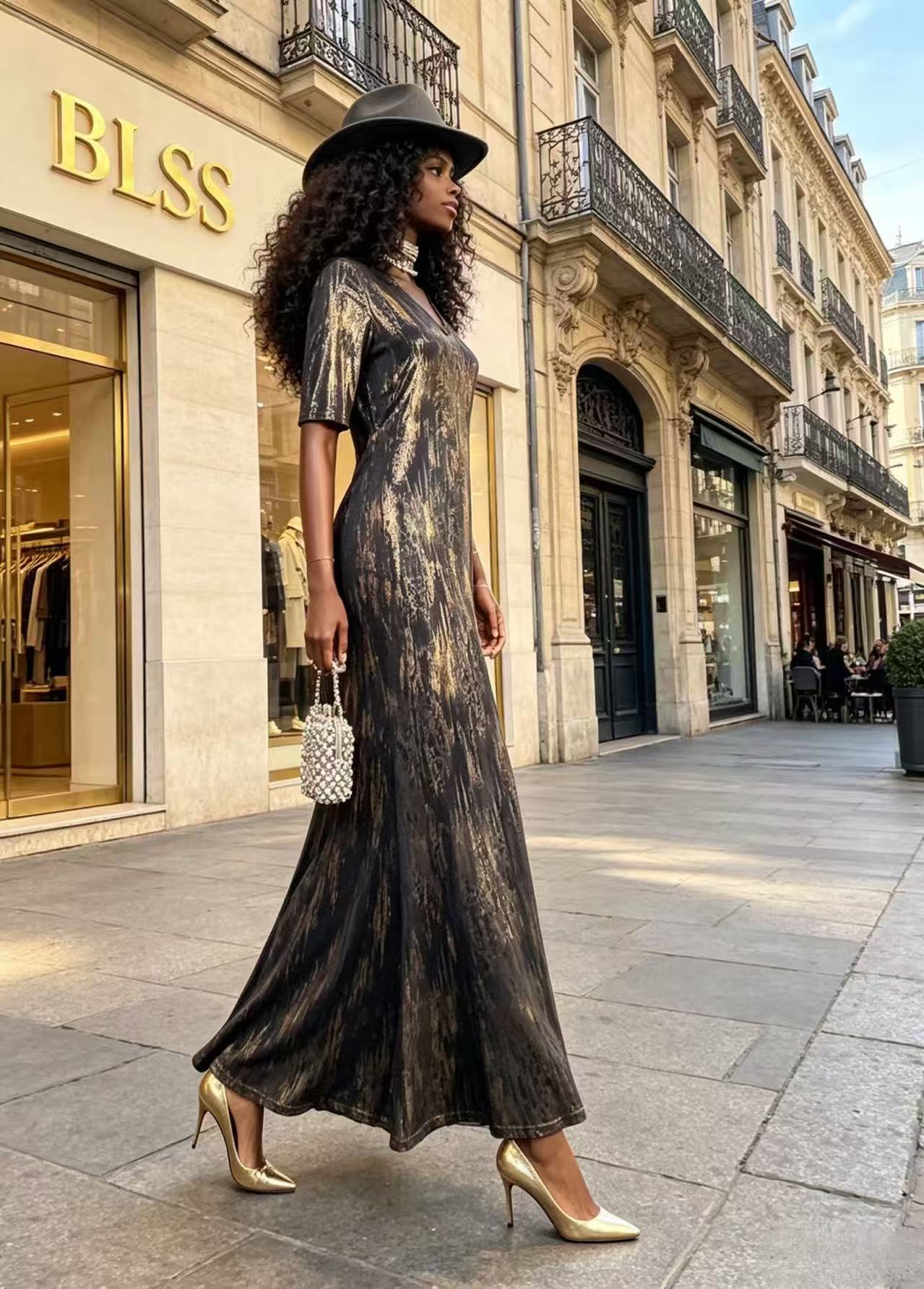 Luxury Black & Gold Liquid Shimmer V-Neck Dress - Elegant Half Sleeve Ruched Mermaid Maxi Gown D6382