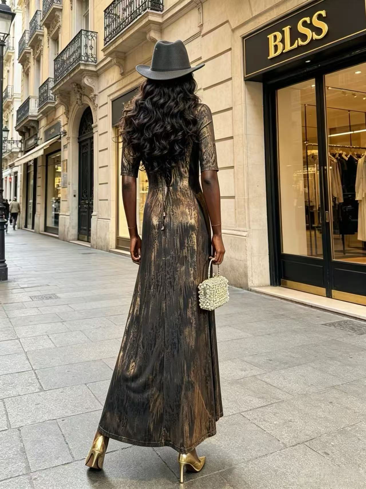 Luxury Black & Gold Liquid Shimmer V-Neck Dress - Elegant Half Sleeve Ruched Mermaid Maxi Gown D6382