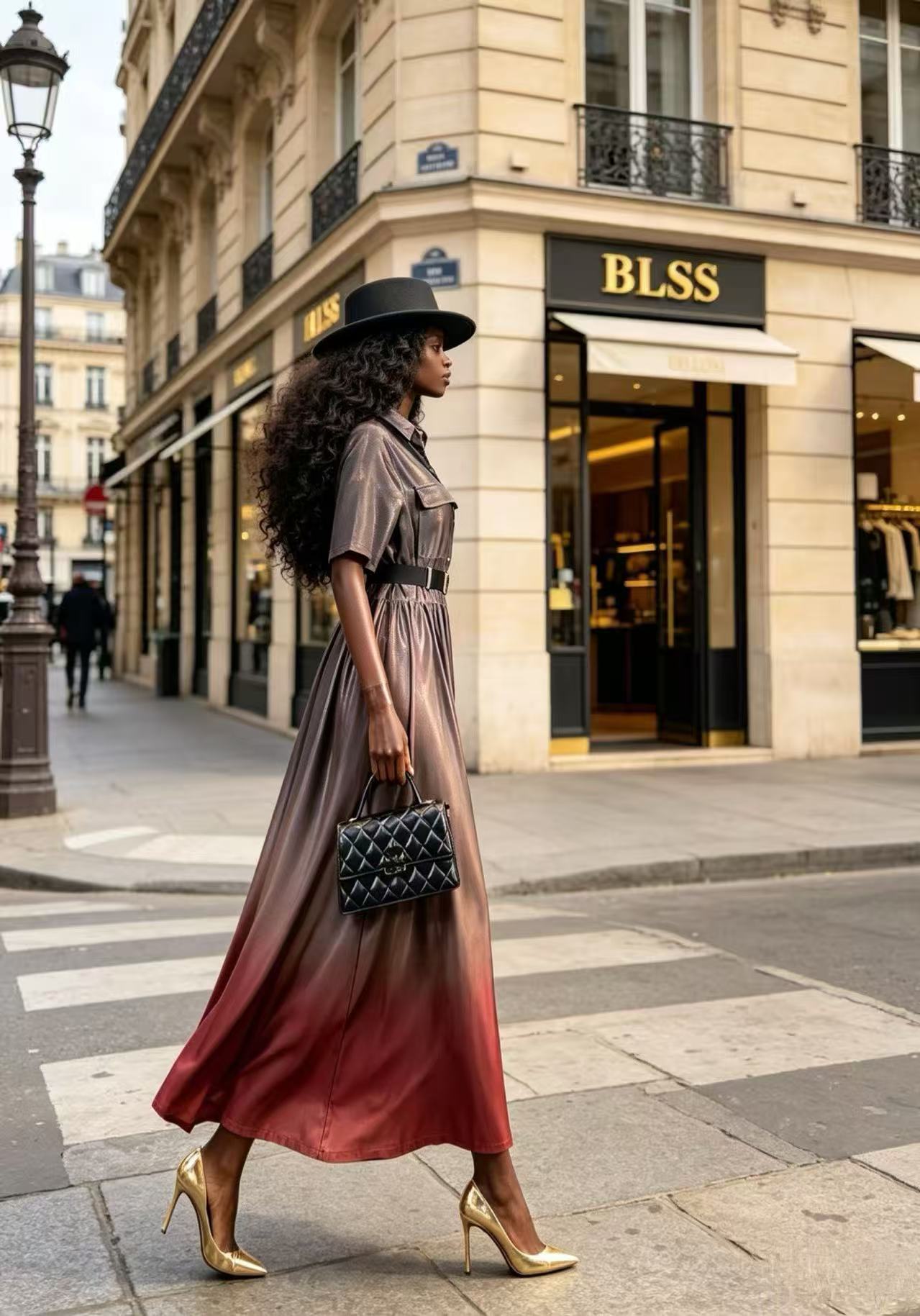 Modern Ombre Metallic Shimmer Shirt Dress - Elegant Utility Lapel Button-Down Maxi Gown D63195