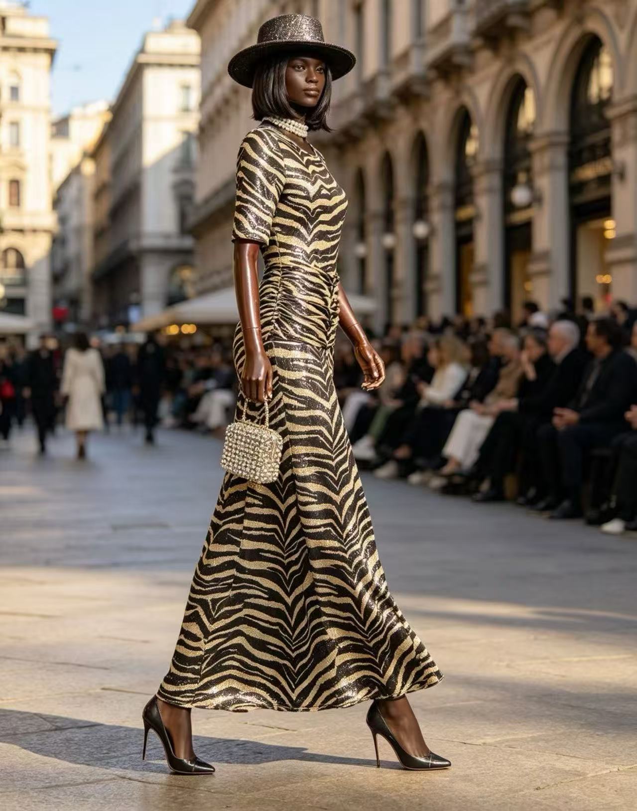 Luxury Black & Gold Zebra Sequin Maxi Dress - Elegant Crew Neck Ruched Waist Evening Gown D63285
