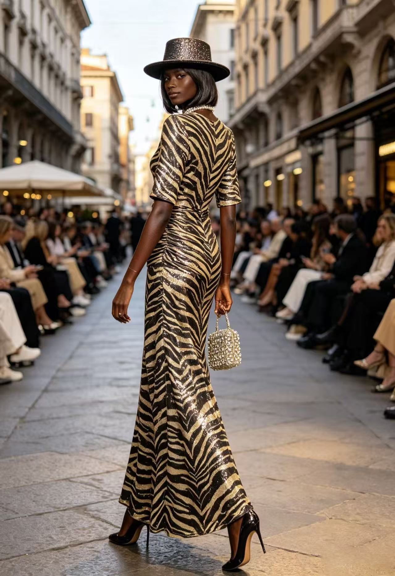 Luxury Black & Gold Zebra Sequin Maxi Dress - Elegant Crew Neck Ruched Waist Evening Gown D63285