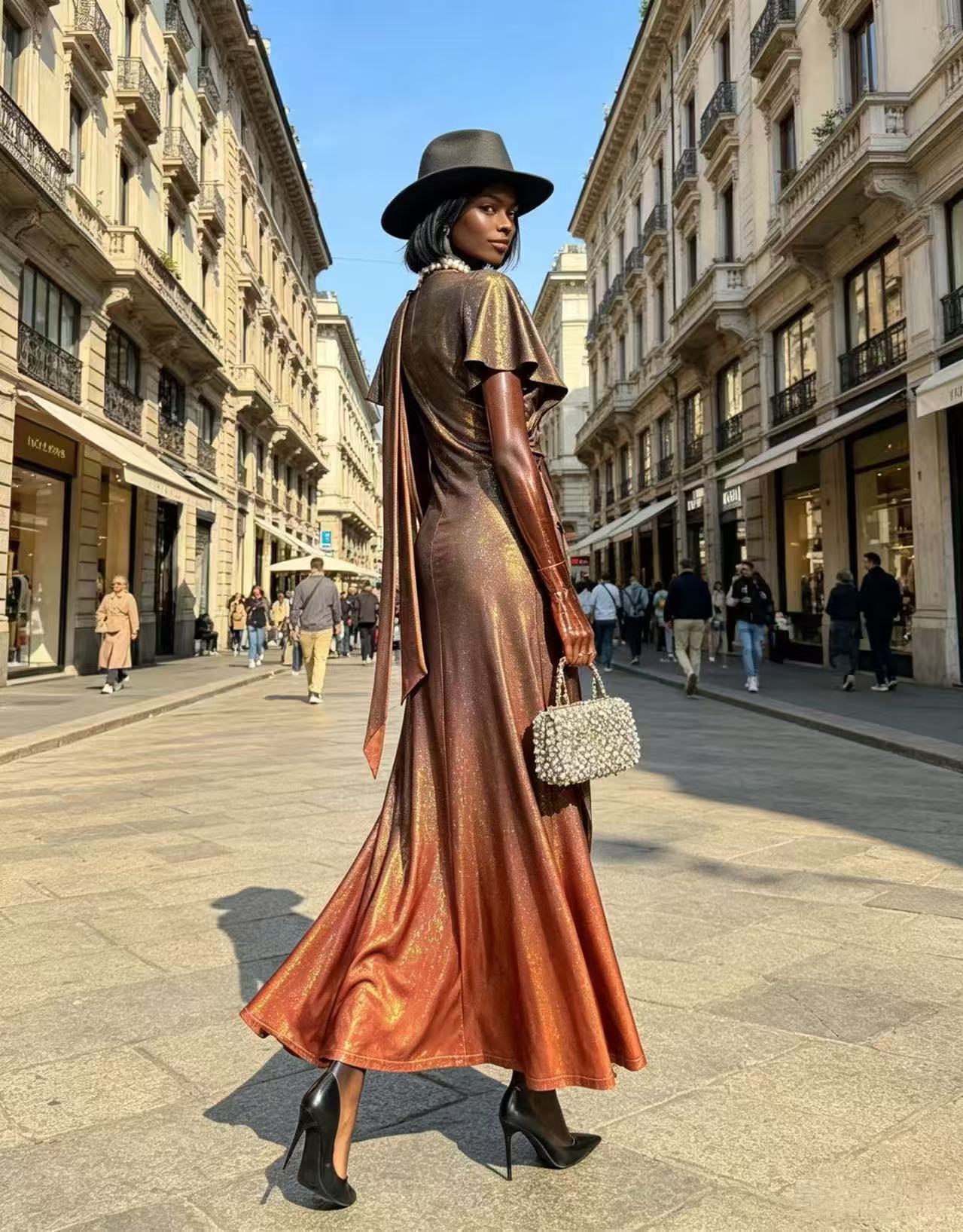 Luxury Bronze Sunset Ombre Maxi Dress - Elegant Asymmetric Ruffle Evening Gown with Drape Sash D63556