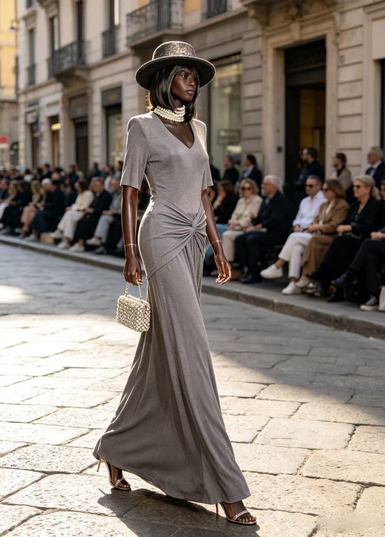 Luxury Slate Grey V-Neck Maxi Dress - Elegant Knot-Front Ruched Waist Runway Evening Gown D63289