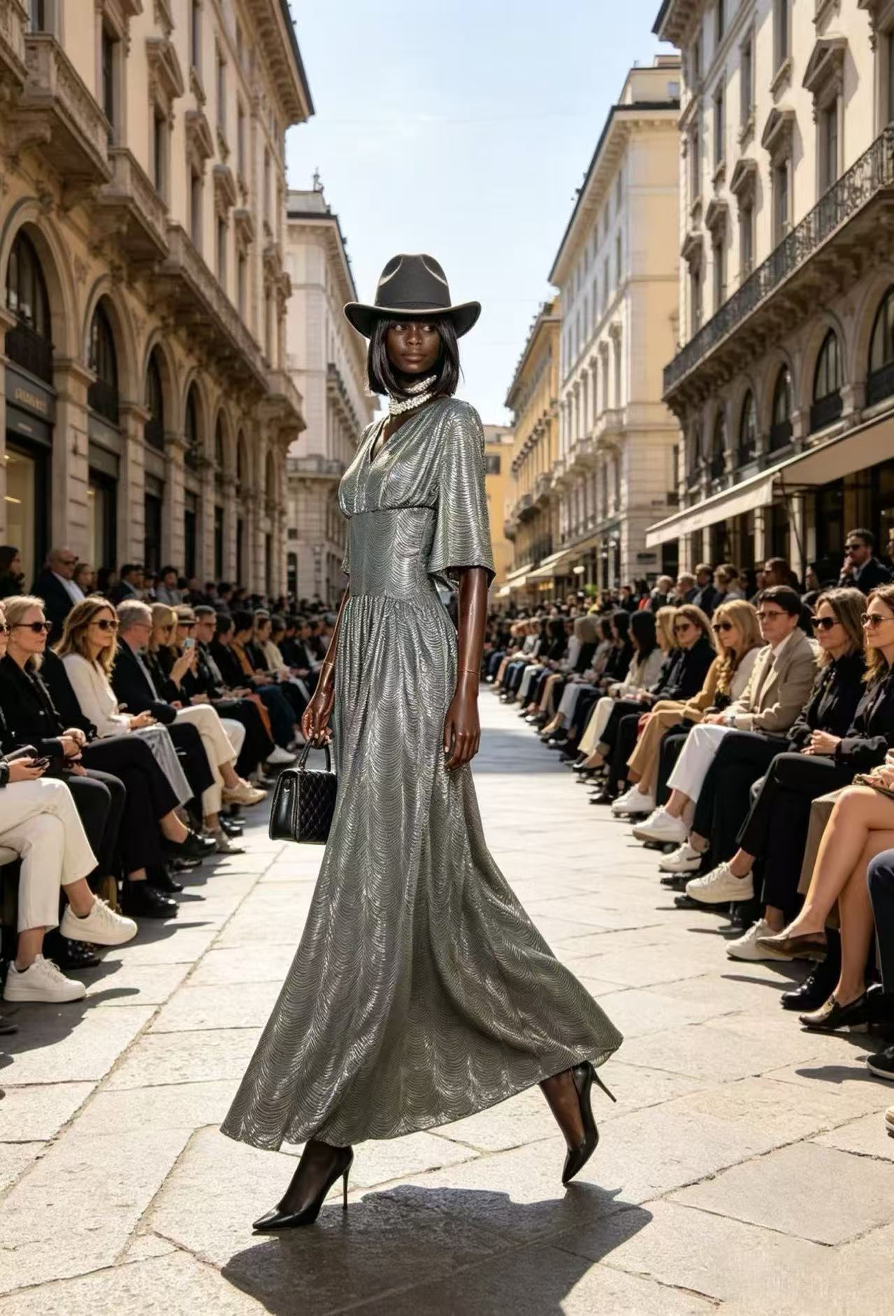 Luxury Liquid Silver Wave-Textured Maxi Dress - Elegant Empire Waist Flare Sleeve Evening Gown D6322