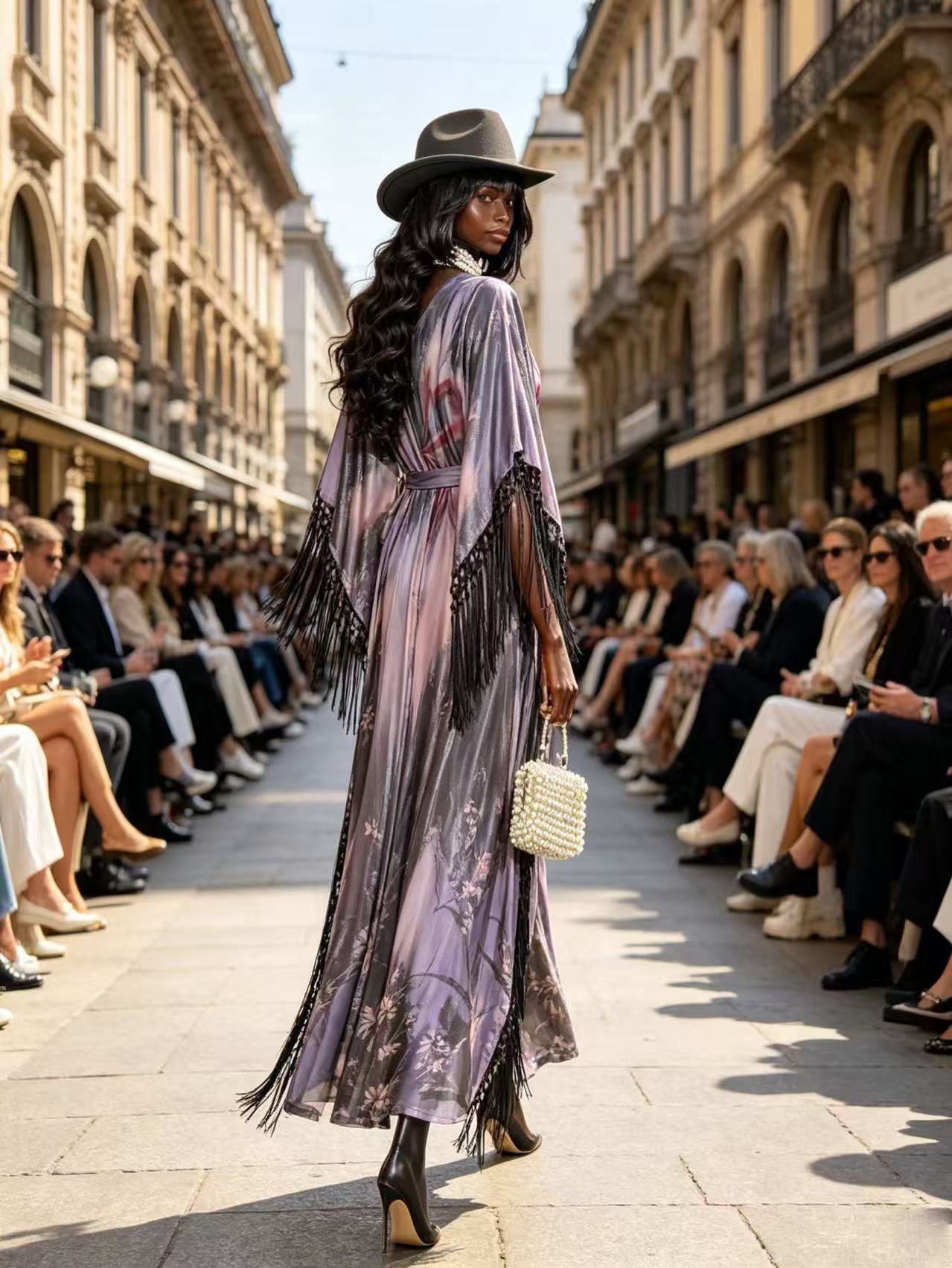 Luxury Lilac Ombre Print Kimono Maxi Dress - Elegant Shimmer Fringe Evening Gown with Waist Tie D63205