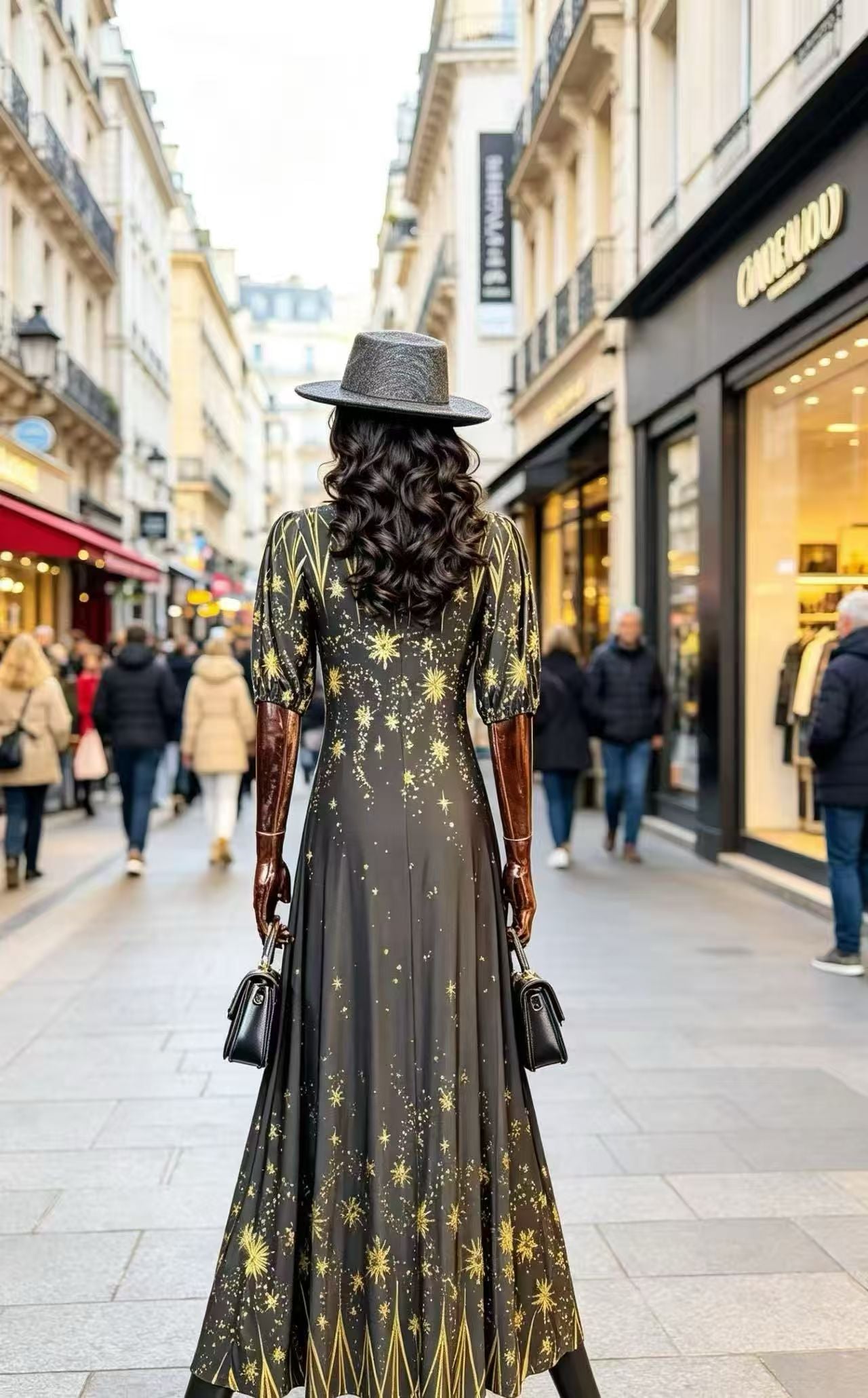 Luxury Black & Gold Celestial Starry Print Maxi Dress - Elegant Vintage Puff Sleeve Evening Gown D63206