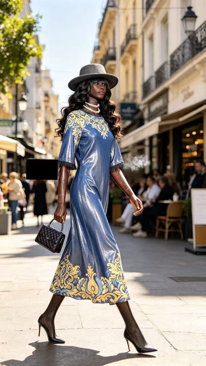 Luxury Shimmering Royal Blue Maxi Dress - Vintage Baroque Floral Print Gown with Fringe Sleeves D63235