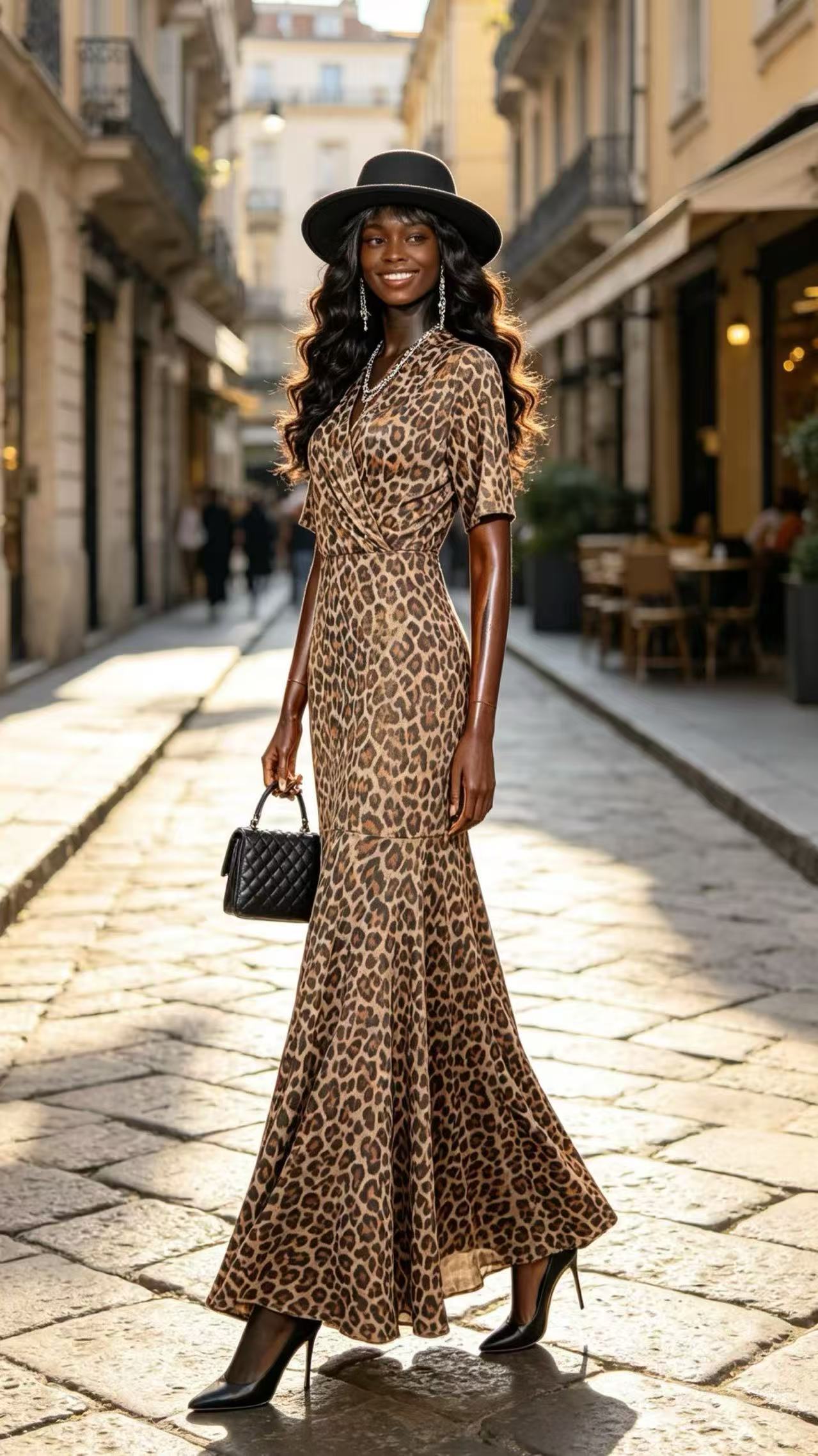 Luxury Classic Leopard Print Maxi Dress - Elegant Wrap V-Neck Fishtail Evening Gown D63100