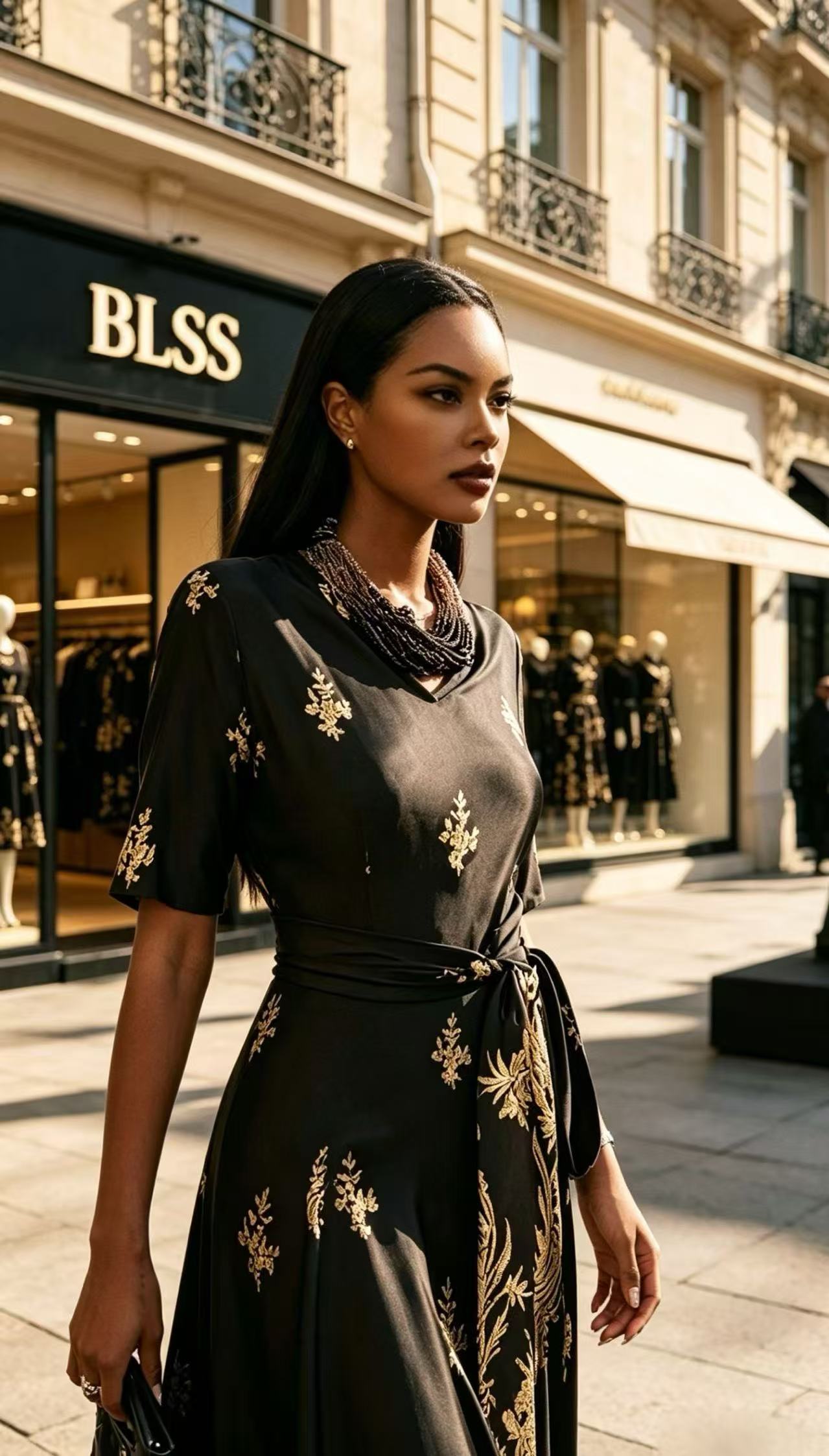 Luxury Black & Gold Baroque Floral Maxi Dress - Elegant Wrap-Front Tie Evening Gown D63249