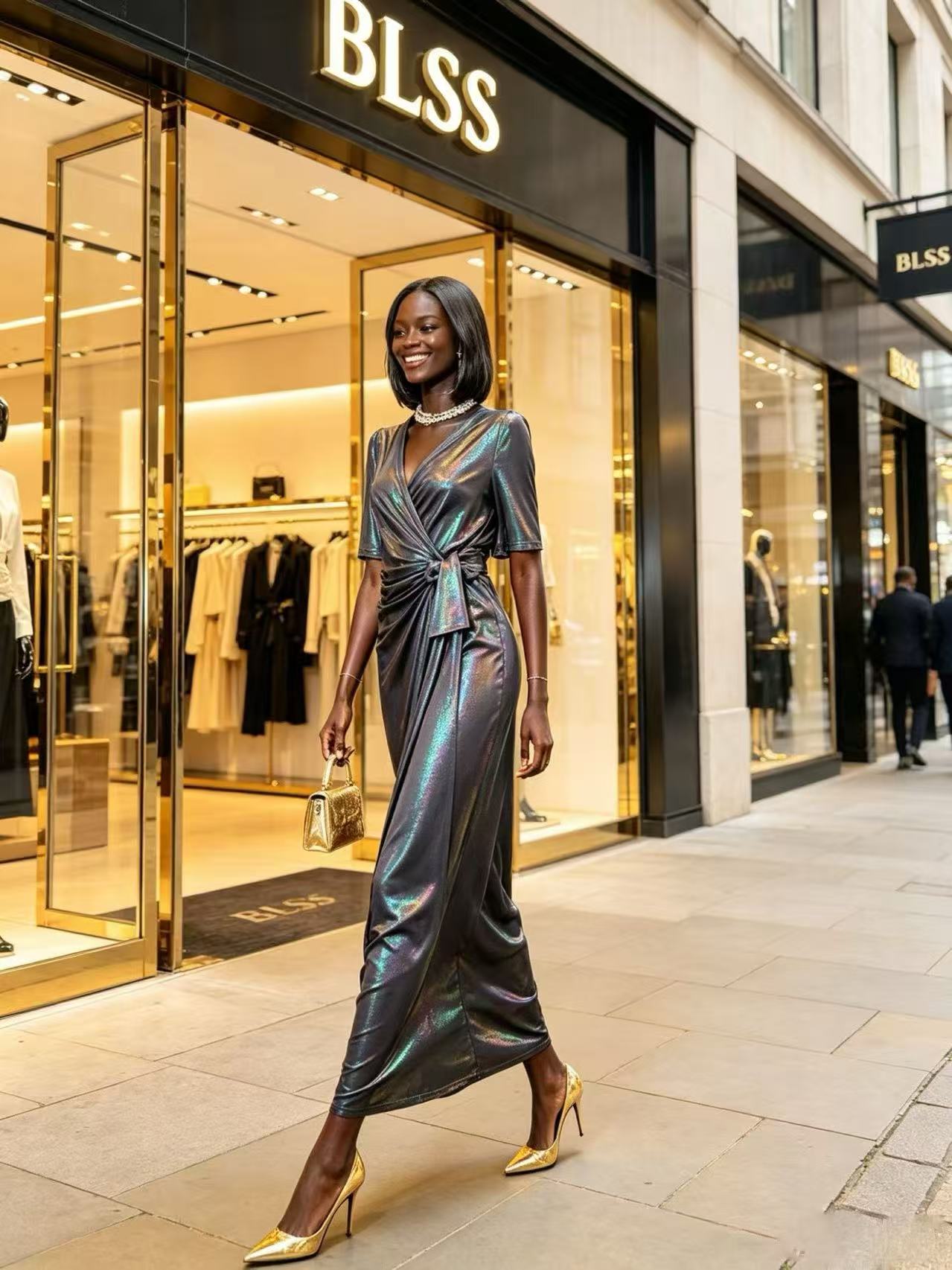 Futuristic Liquid Silver Metallic V-Neck Maxi Dress - Elegant Wrap-Style Ruched Tie Evening Gown D6336