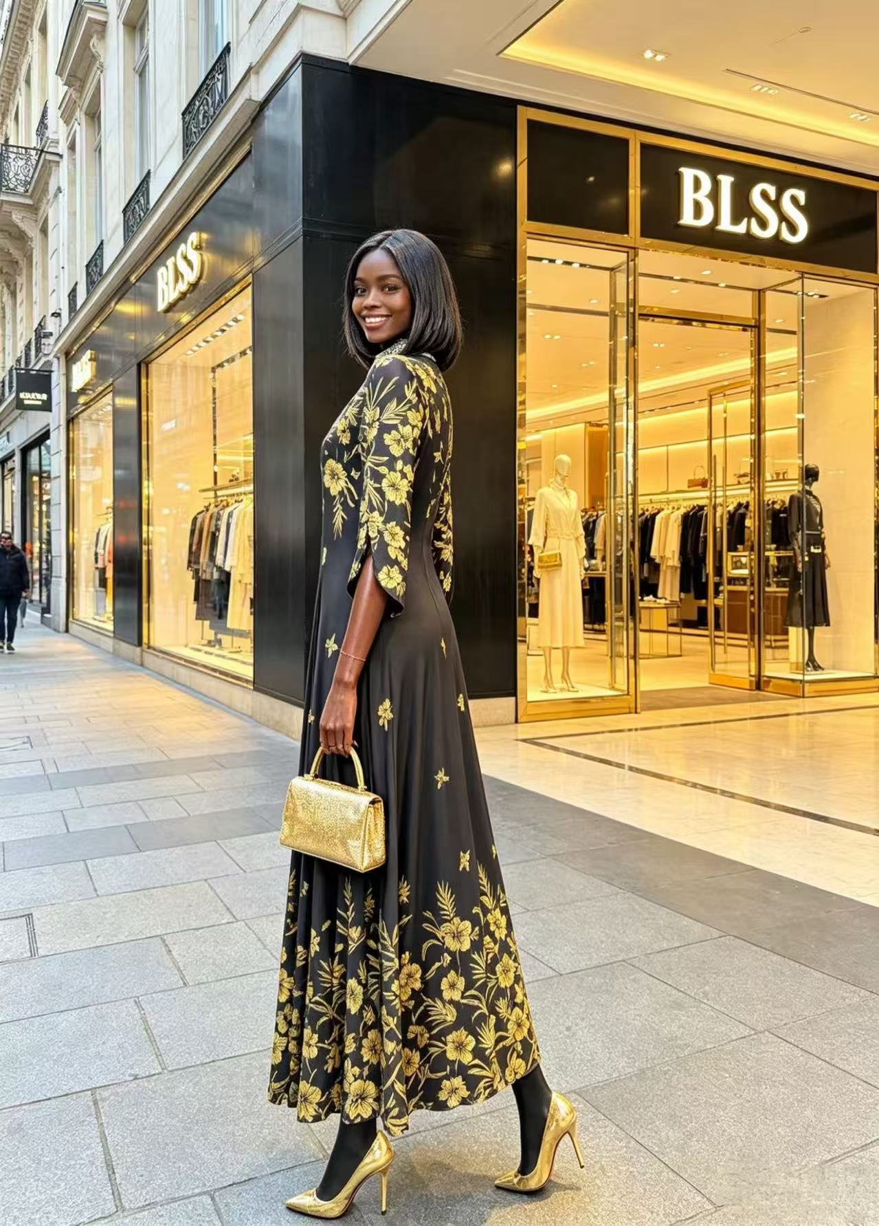 Vintage French Black & Gold Floral Maxi Dress - Elegant V-Neck Slit-Sleeve Evening Gown D63236