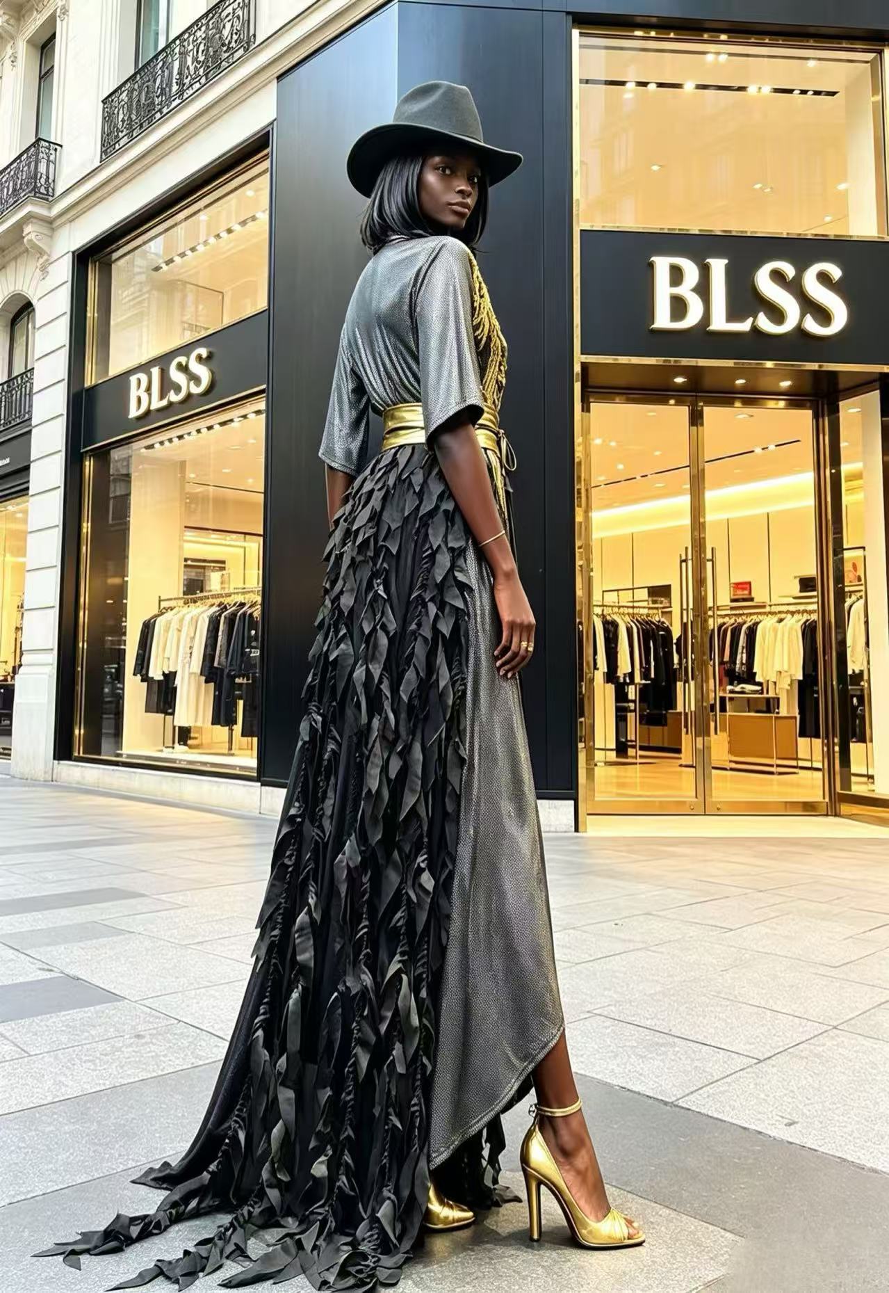 Luxury Black-Silver Shimmer V-Neck Maxi Dress - Embroidered Gold Corset Belt Gown with Feather Train V2132