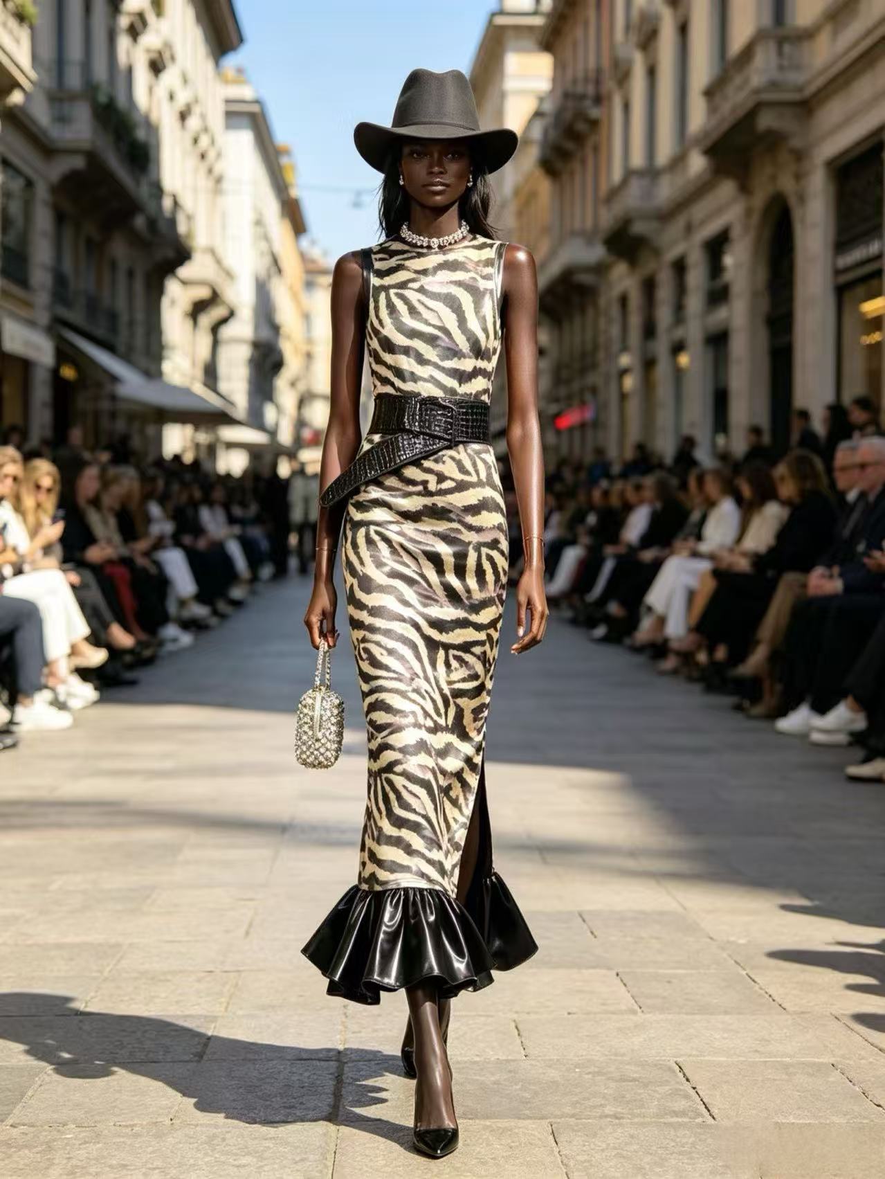 Luxury Zebra Stripe Sleeveless Maxi Dress - Faux Leather Ruffle Hem Mermaid Evening Gown D63277