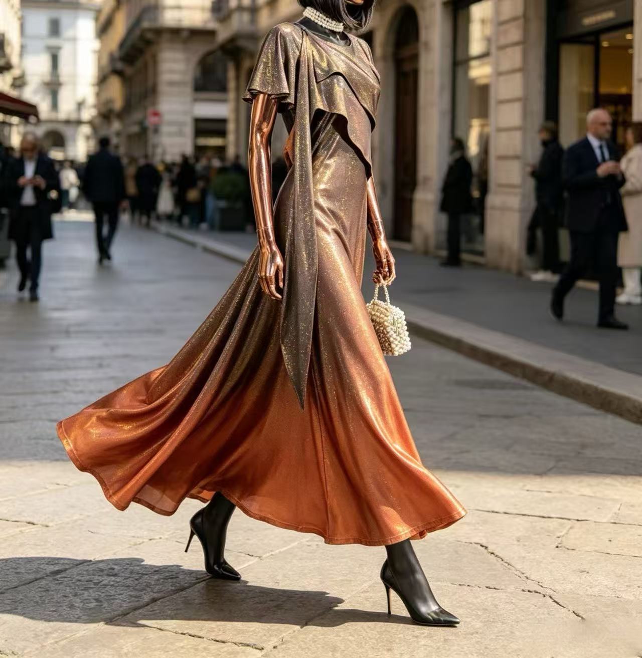 Luxury Bronze Sunset Ombre Maxi Dress - Elegant Asymmetric Ruffle Evening Gown with Drape Sash D63556