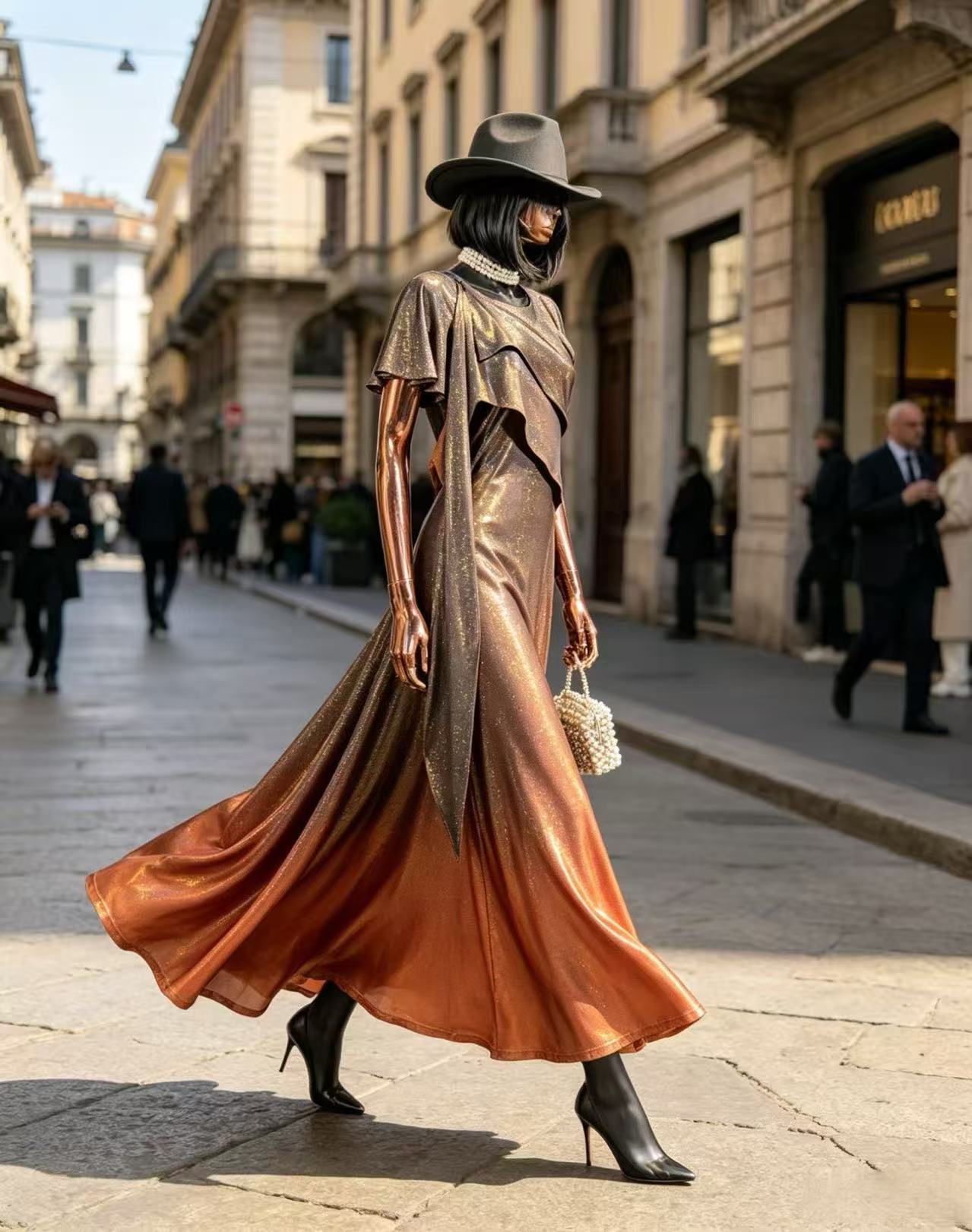 Luxury Bronze Sunset Ombre Maxi Dress - Elegant Asymmetric Ruffle Evening Gown with Drape Sash D63556