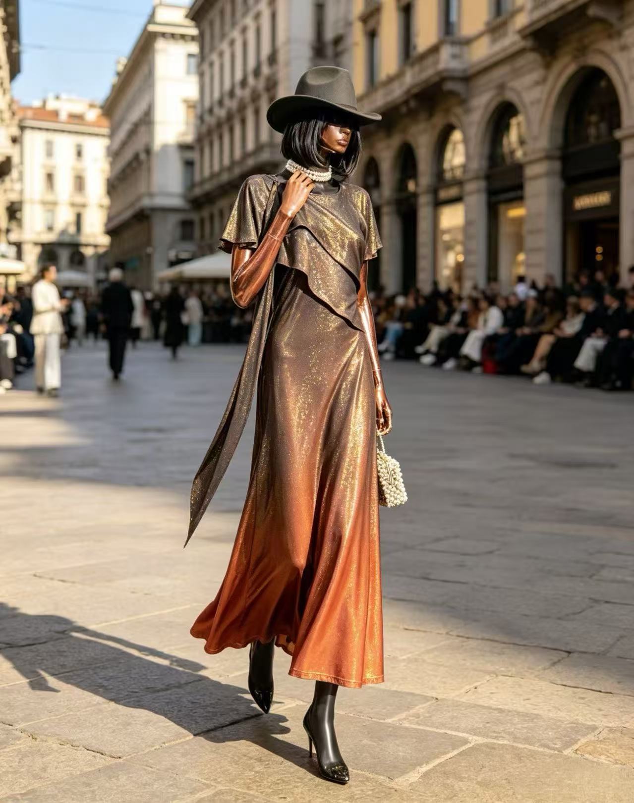 Luxury Bronze Sunset Ombre Maxi Dress - Elegant Asymmetric Ruffle Evening Gown with Drape Sash D63556