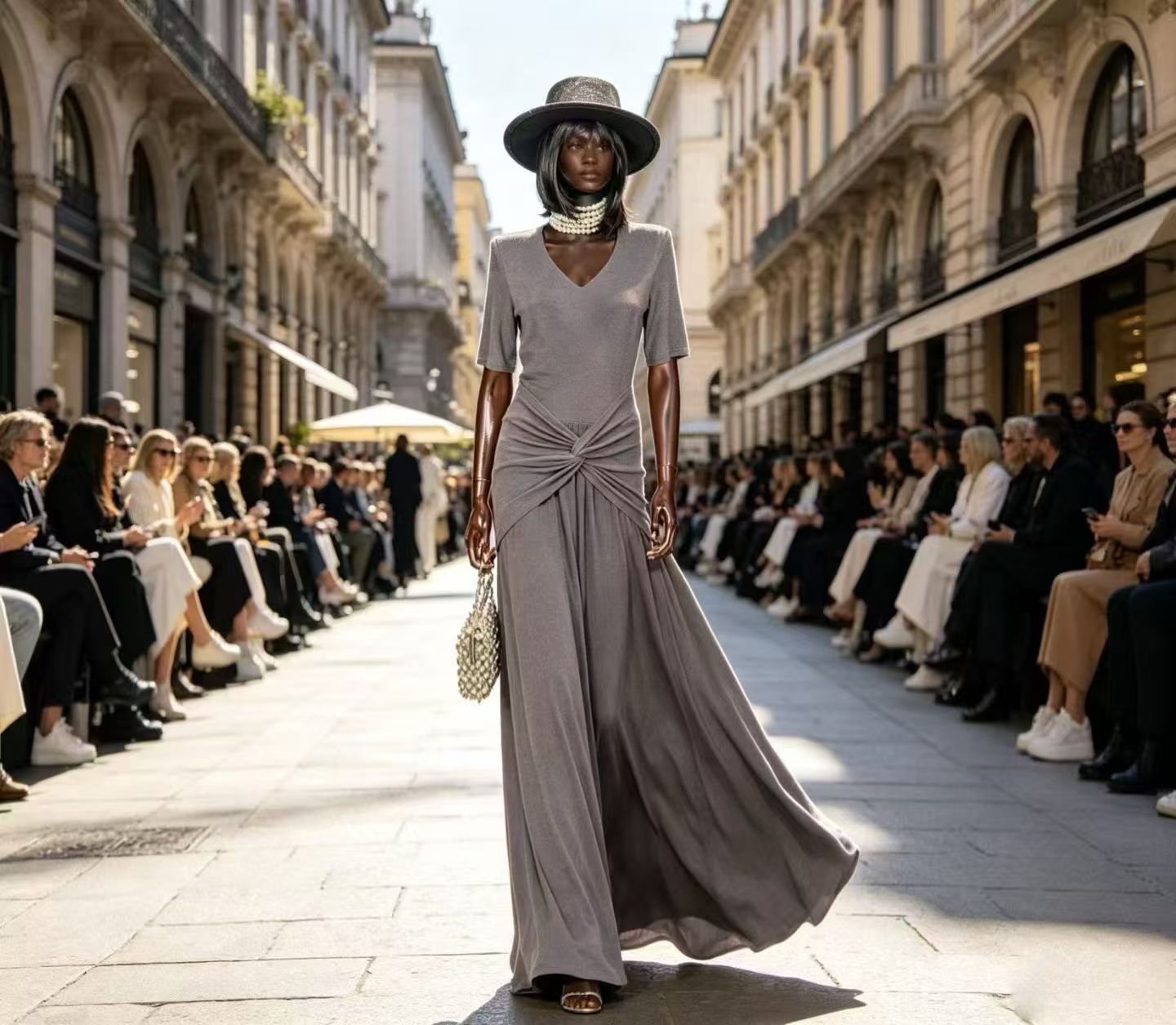 Luxury Slate Grey V-Neck Maxi Dress - Elegant Knot-Front Ruched Waist Runway Evening Gown D63289