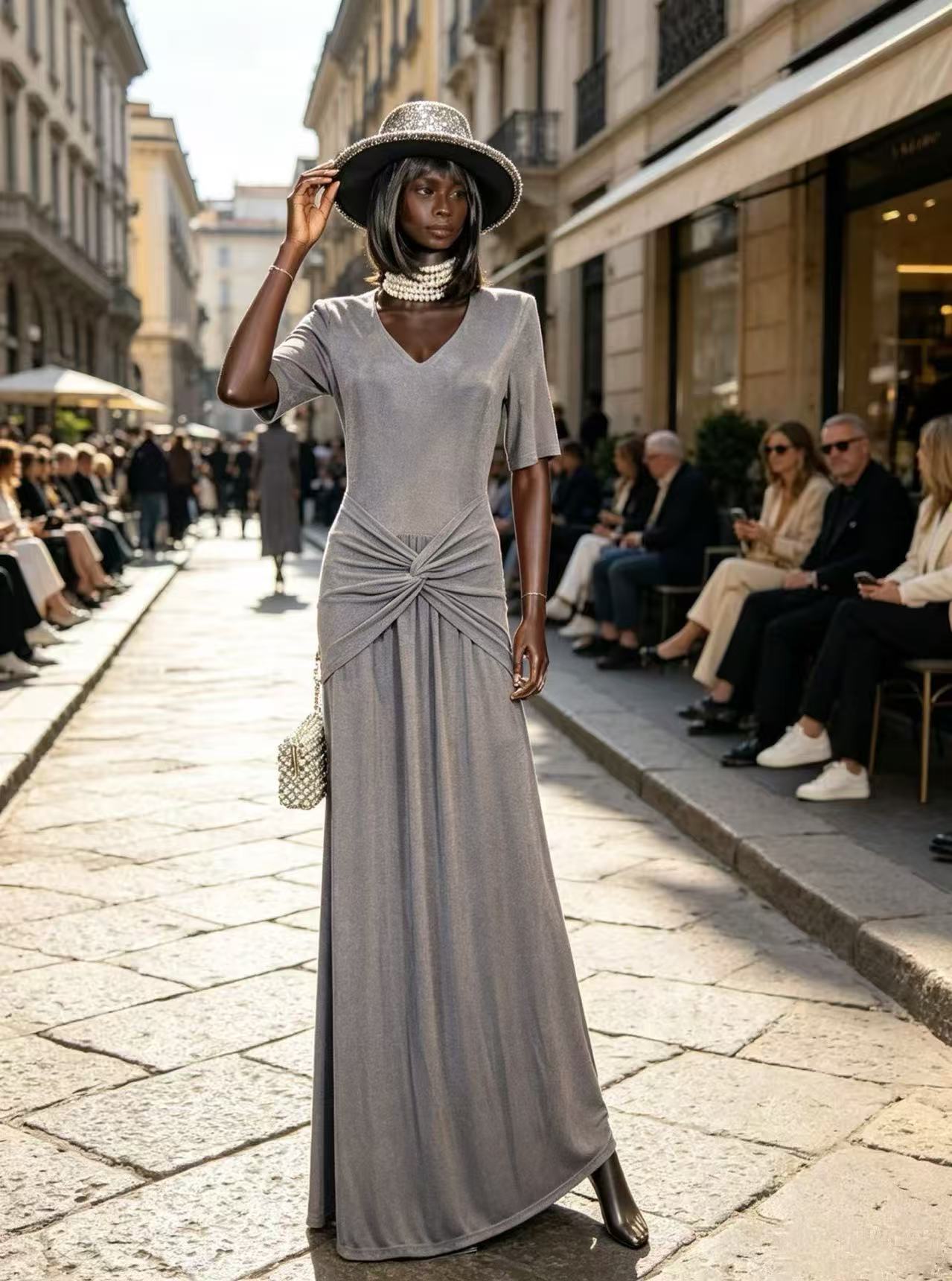 Luxury Slate Grey V-Neck Maxi Dress - Elegant Knot-Front Ruched Waist Runway Evening Gown D63289