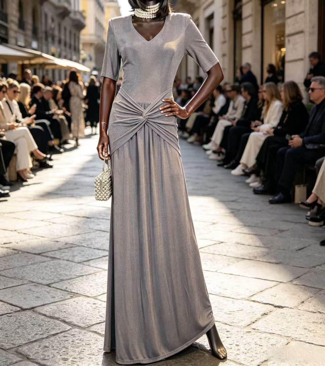 Luxury Slate Grey V-Neck Maxi Dress - Elegant Knot-Front Ruched Waist Runway Evening Gown D63289