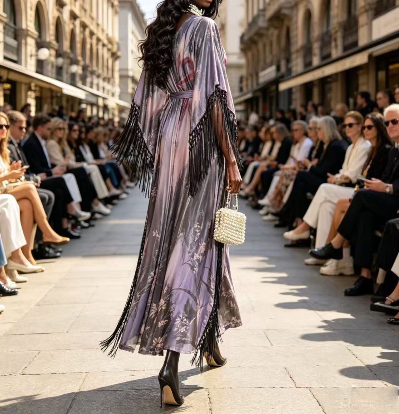 Luxury Lilac Ombre Print Kimono Maxi Dress - Elegant Shimmer Fringe Evening Gown with Waist Tie D63205