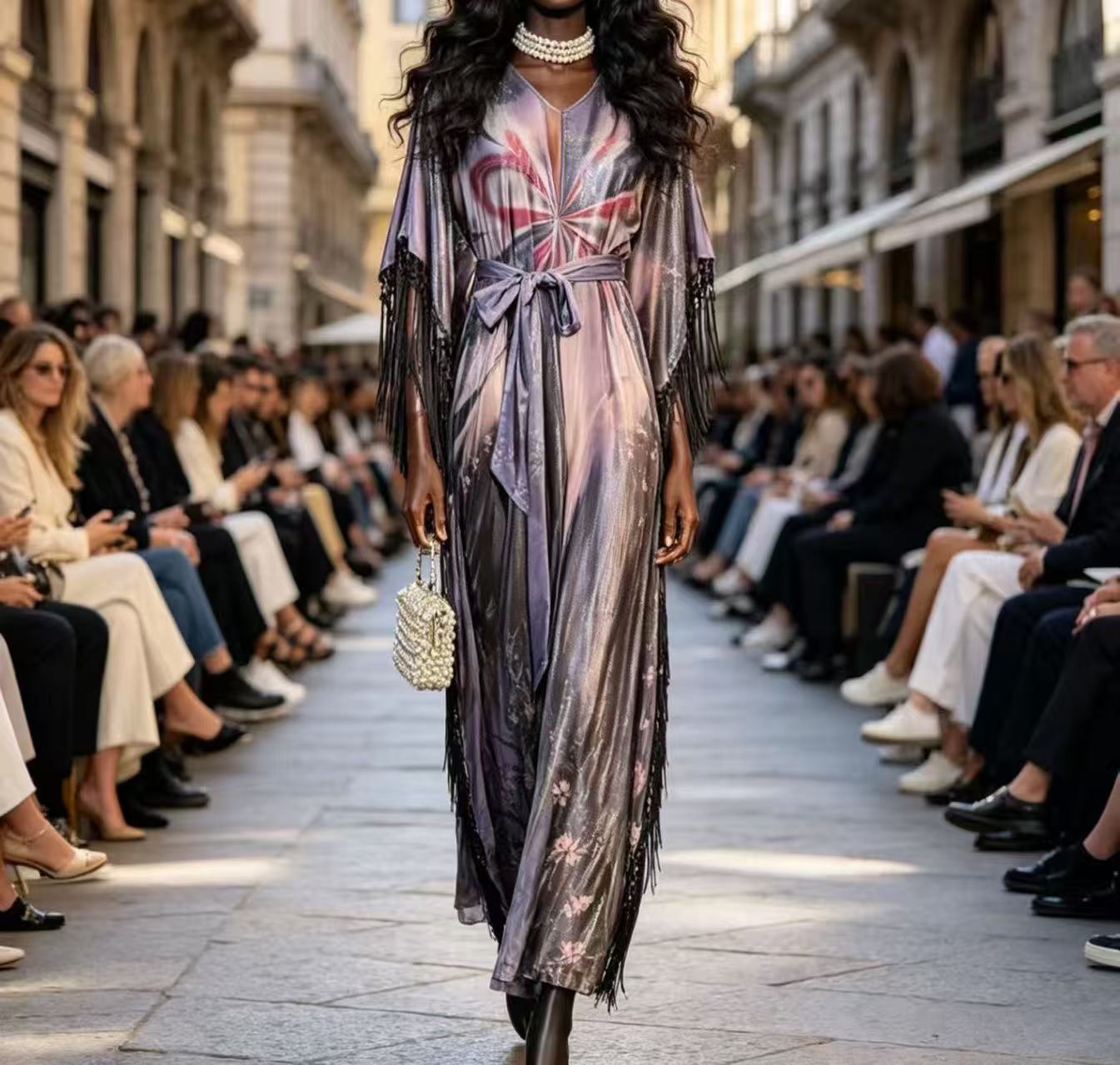Luxury Lilac Ombre Print Kimono Maxi Dress - Elegant Shimmer Fringe Evening Gown with Waist Tie D63205