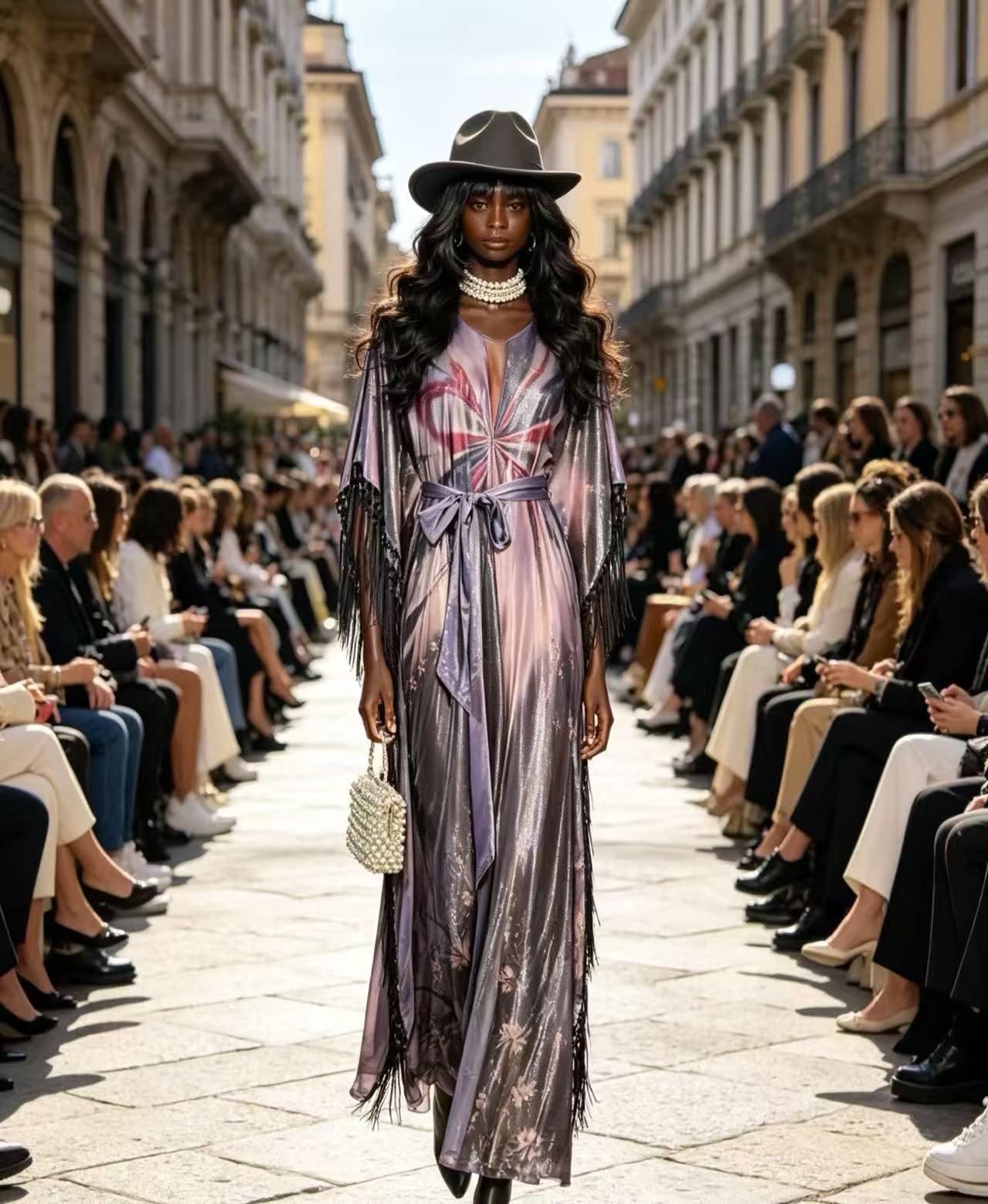 Luxury Lilac Ombre Print Kimono Maxi Dress - Elegant Shimmer Fringe Evening Gown with Waist Tie D63205