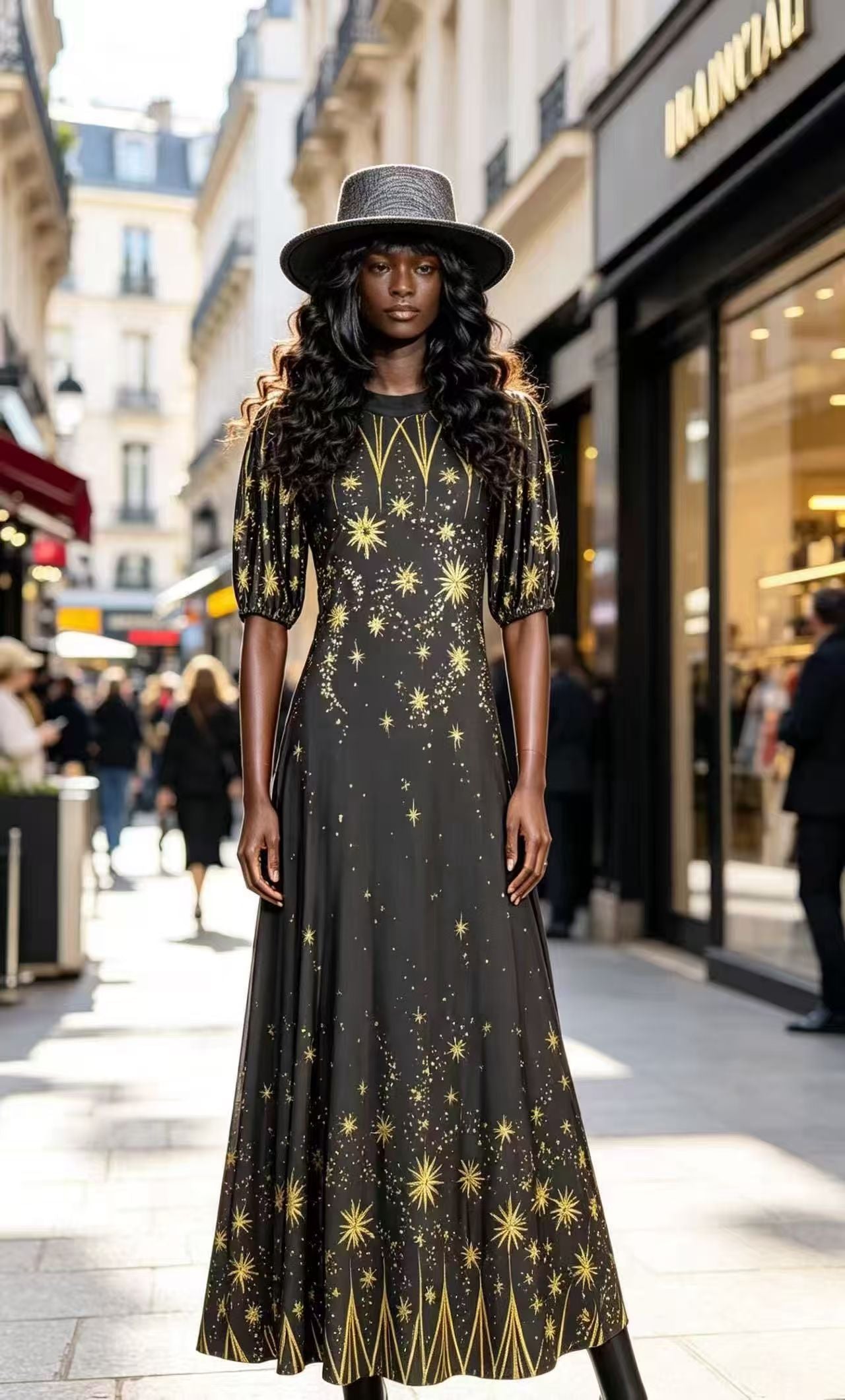 Luxury Black & Gold Celestial Starry Print Maxi Dress - Elegant Vintage Puff Sleeve Evening Gown D63206