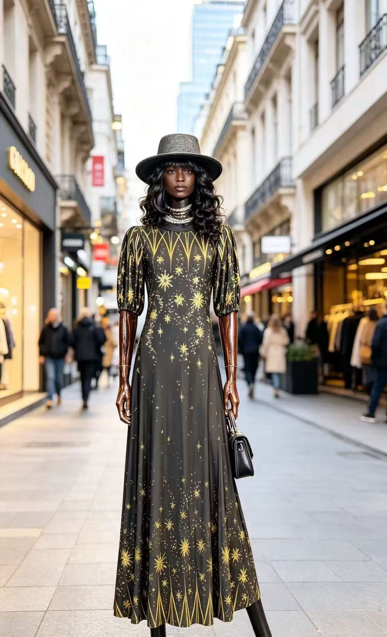 Luxury Black & Gold Celestial Starry Print Maxi Dress - Elegant Vintage Puff Sleeve Evening Gown D63206