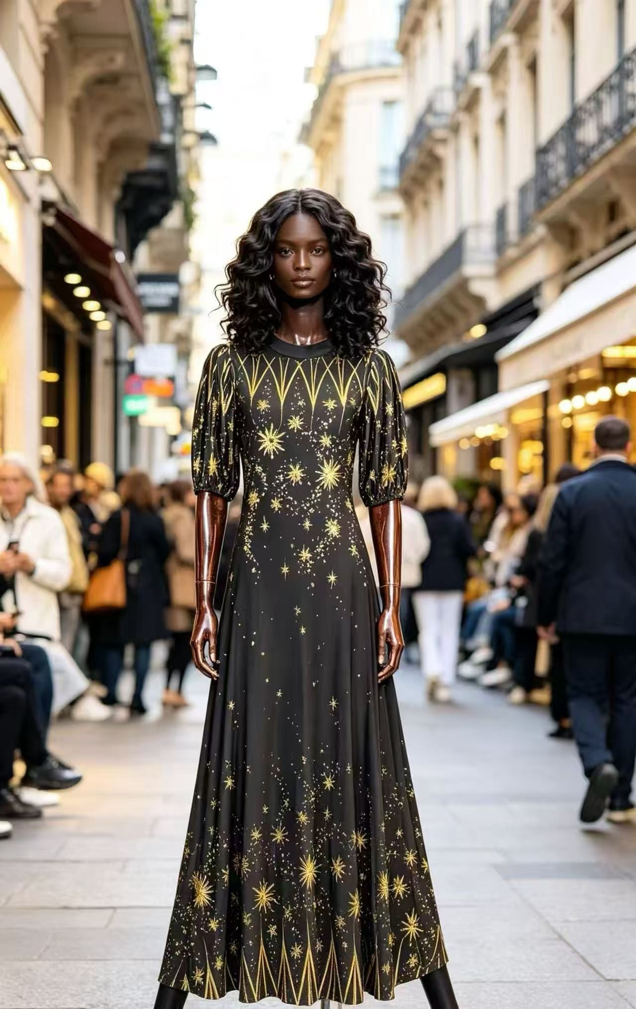 Luxury Black & Gold Celestial Starry Print Maxi Dress - Elegant Vintage Puff Sleeve Evening Gown D63206