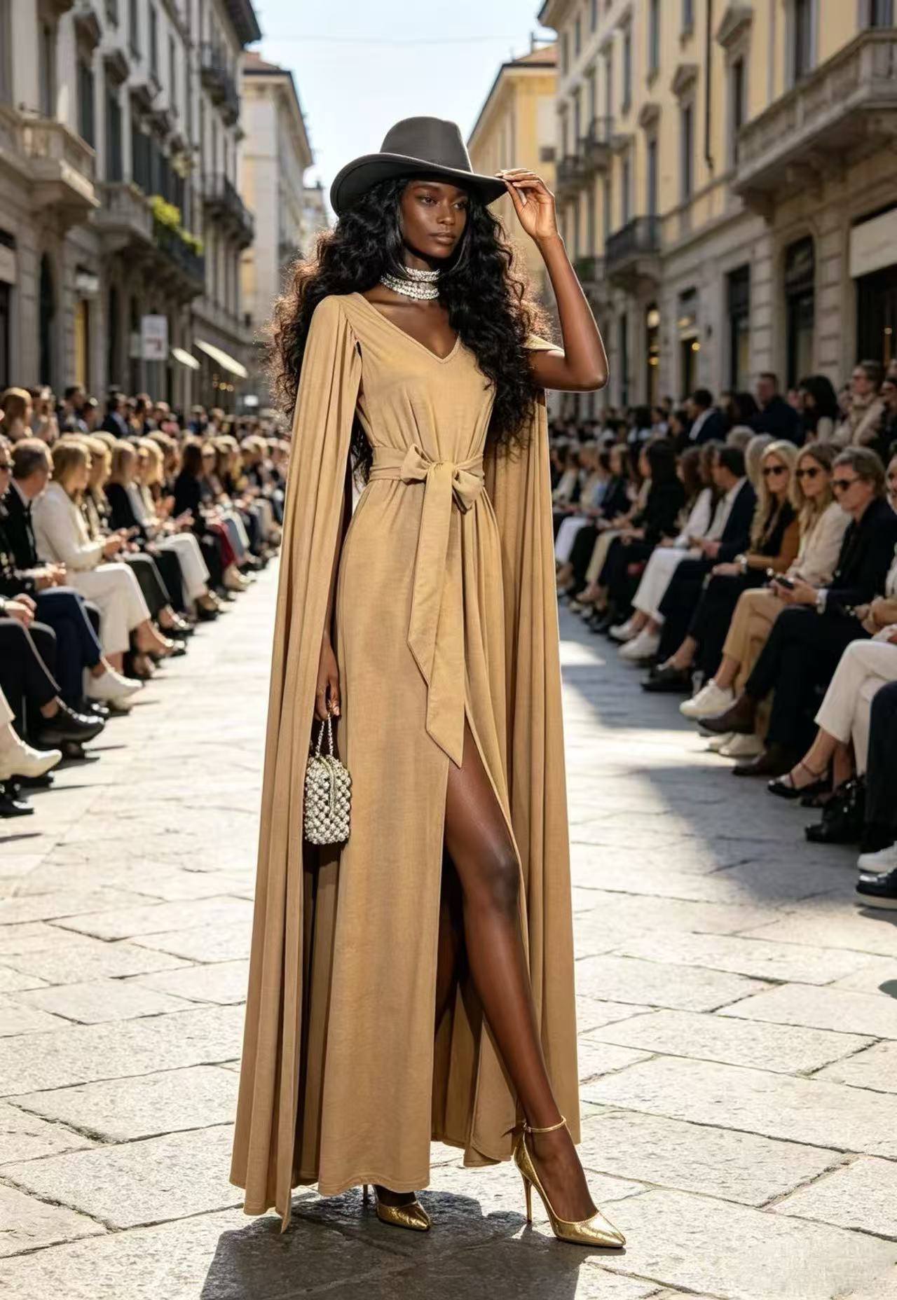 Luxury Black & Gold Celestial Maxi Dress - Vintage Geometric Starry Print Puff Sleeve Evening Gown D63271