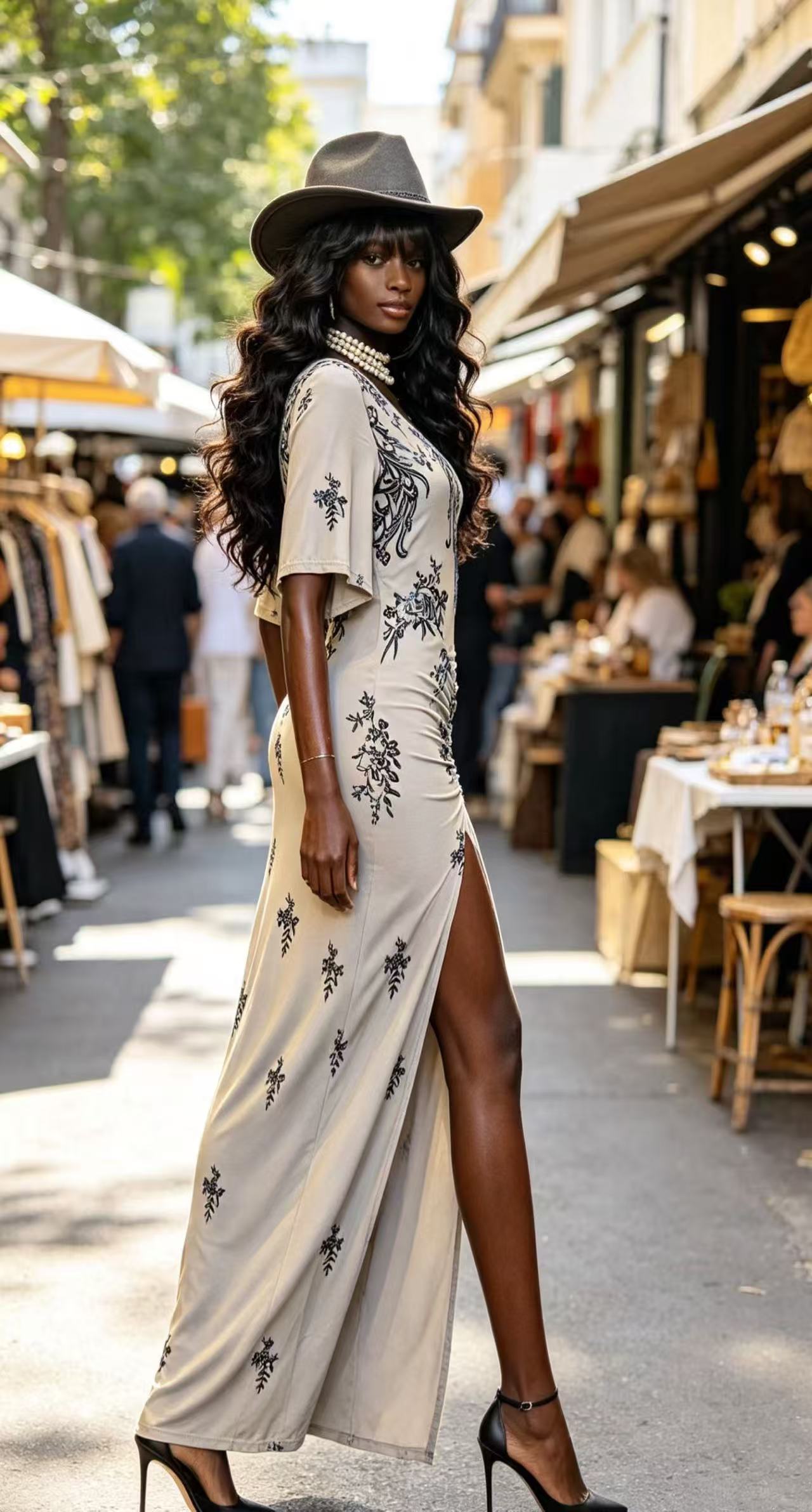 Luxury Apricot Beige Floral Embroidered Maxi Dress - V-Neck Ruched Waist Gown with Front  D63258Split