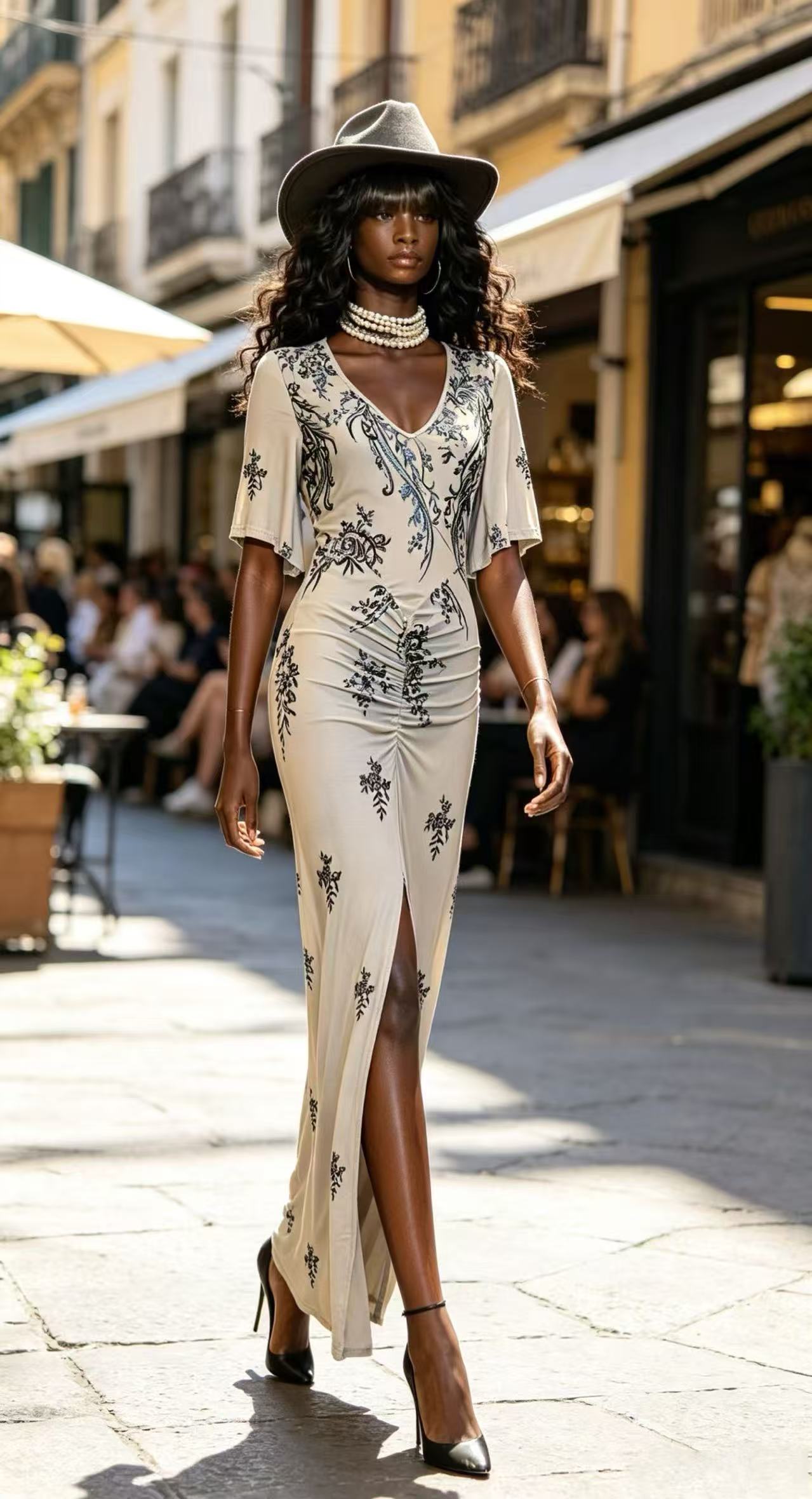 Luxury Apricot Beige Floral Embroidered Maxi Dress - V-Neck Ruched Waist Gown with Front  D63258Split