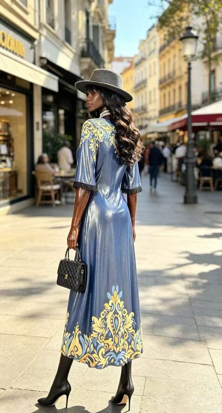 Luxury Shimmering Royal Blue Maxi Dress - Vintage Baroque Floral Print Gown with Fringe Sleeves D63235