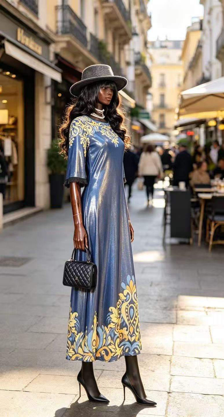 Luxury Shimmering Royal Blue Maxi Dress - Vintage Baroque Floral Print Gown with Fringe Sleeves D63235